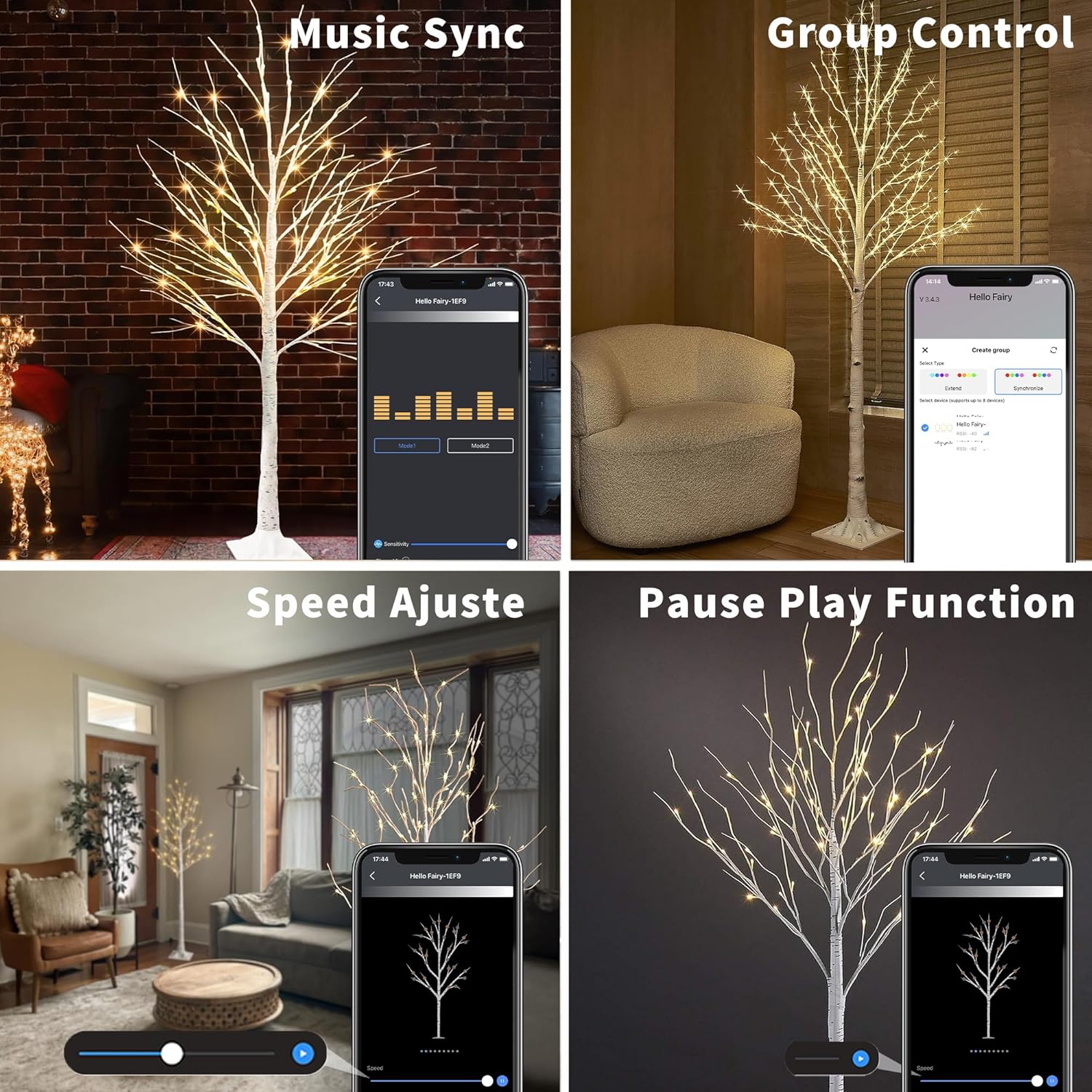 4FT 5FT 6FT Christmas Tree with Lights, 3PACK Smart Lighted Birch Tree with APP Home Decor, Warm White, Timing, Dimmer, Group Control, Music Sync, Christmas Room Decorations Indoor/Outdoor Use