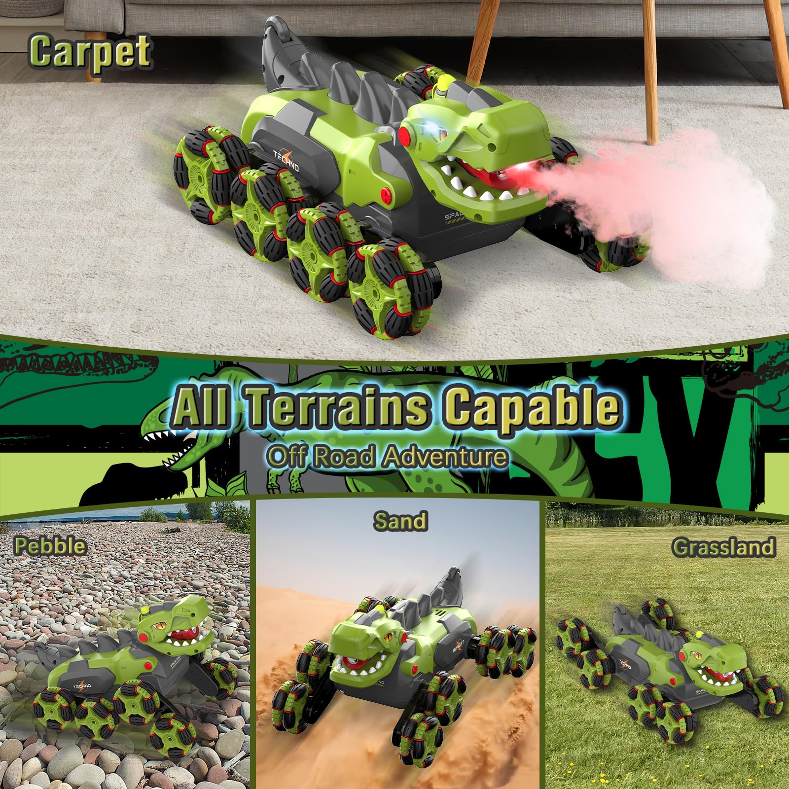 Kssvzz Coche Teledirigido Dinosaurio - 8WD 2.4Ghz RC Coche para 4 5 6 7 8 años de Edad los niños, 360 ° de rotación/Spray/Luz/Rugido, Cumpleaños (Verde)