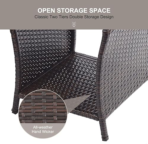 Miniatura 6 de Mesa auxiliar de patio al aire libre, pequeña mesa auxiliar de mimbre marrón para almacenamiento exterior, mesa de centro con mesa de madera de