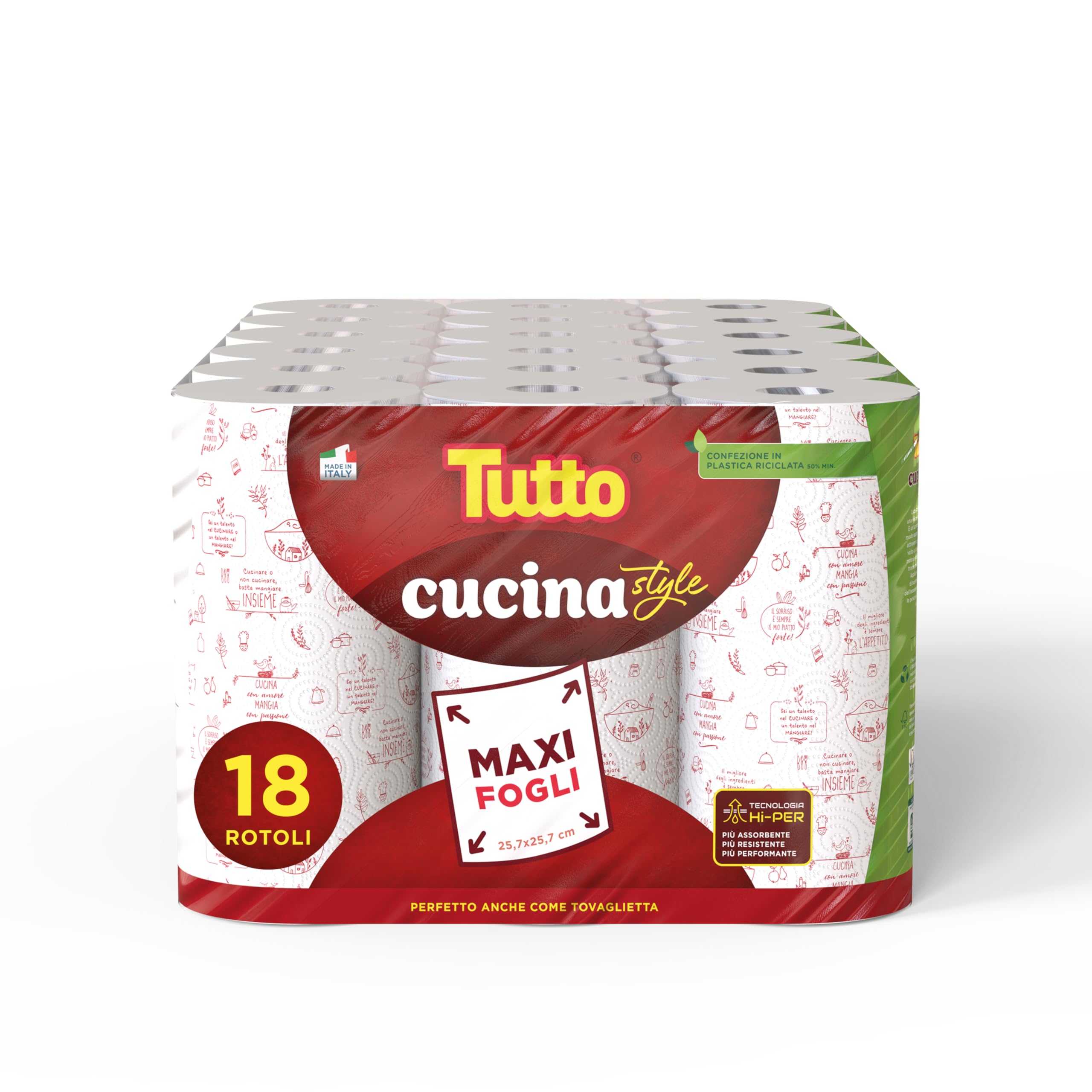 Asciugatutto TUTTO CUCINA STYLE, 18 Rotoli, Carta Super Assorbente e Resistente, Pulizia Rapida e Senza Sforzo, Tecnologia HI-PER, Made in Italy, 821710