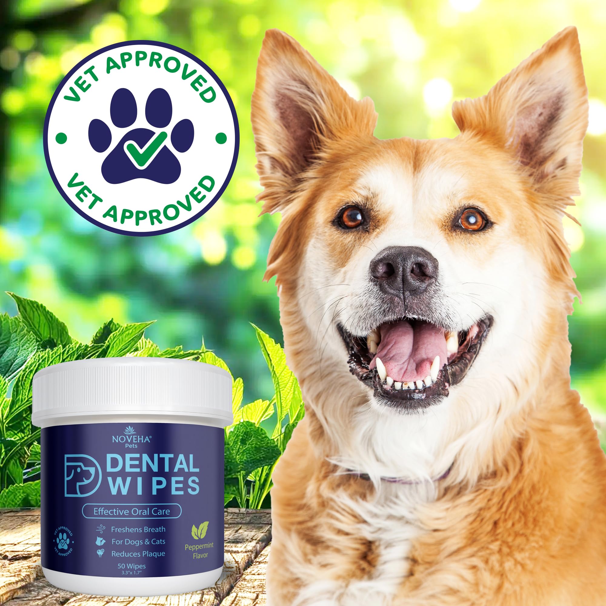 NOVEHA Lot de 50 lingettes dentaires pour animaux de compagnie pour chiens et chats | Rafraîchit l'haleine, réduit la plaque dentaire | Des gencives plus saines | Nettoie les dents sans brosse à dents