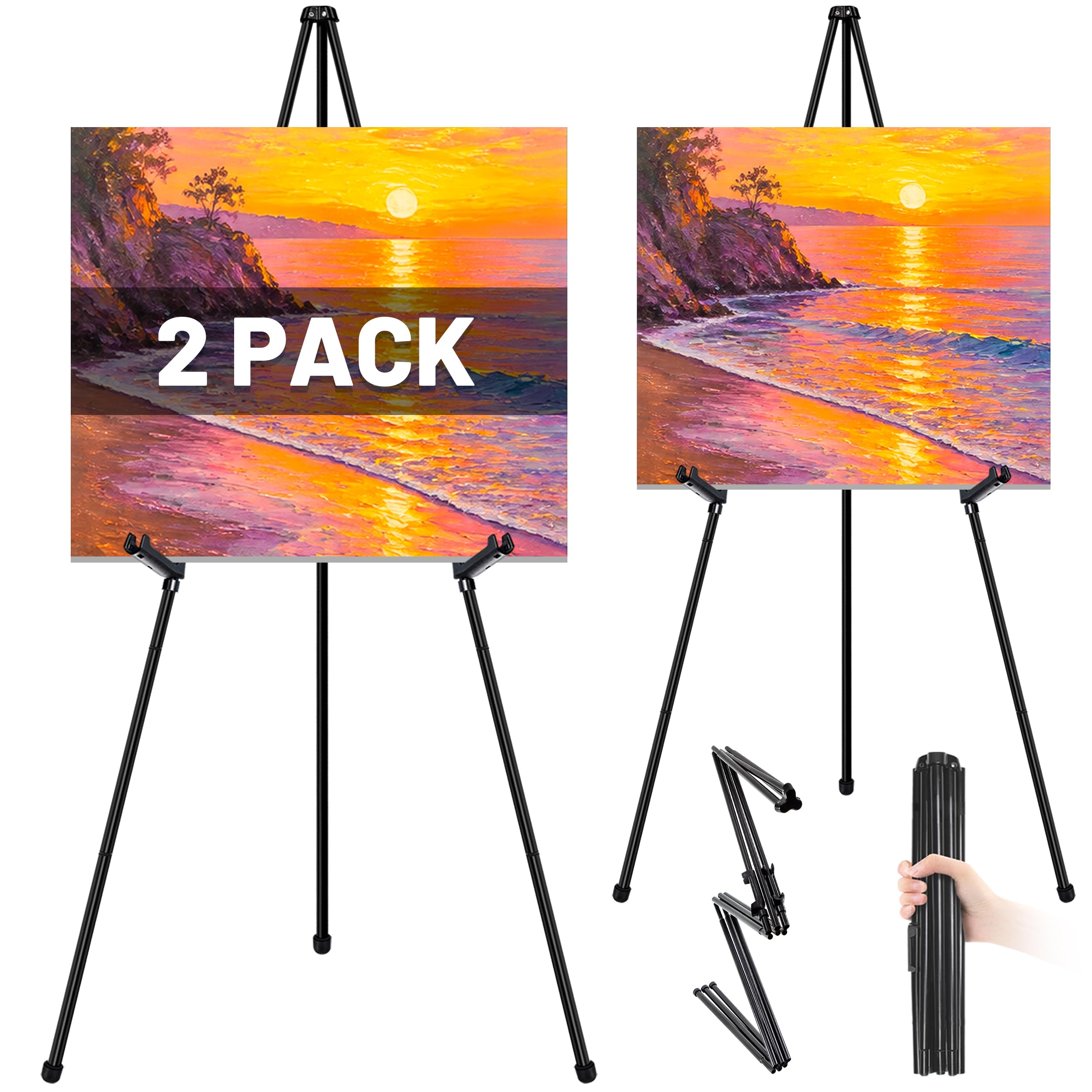 VAIIGO Easel Stand Tripod, 2Pcs Collapsible Portable Metal Floor Black Easels for Display, Adjustable Folding Artist Easels, Art Canvas Easley Stand, Poster Painting Wedding Welcome Sign Holder