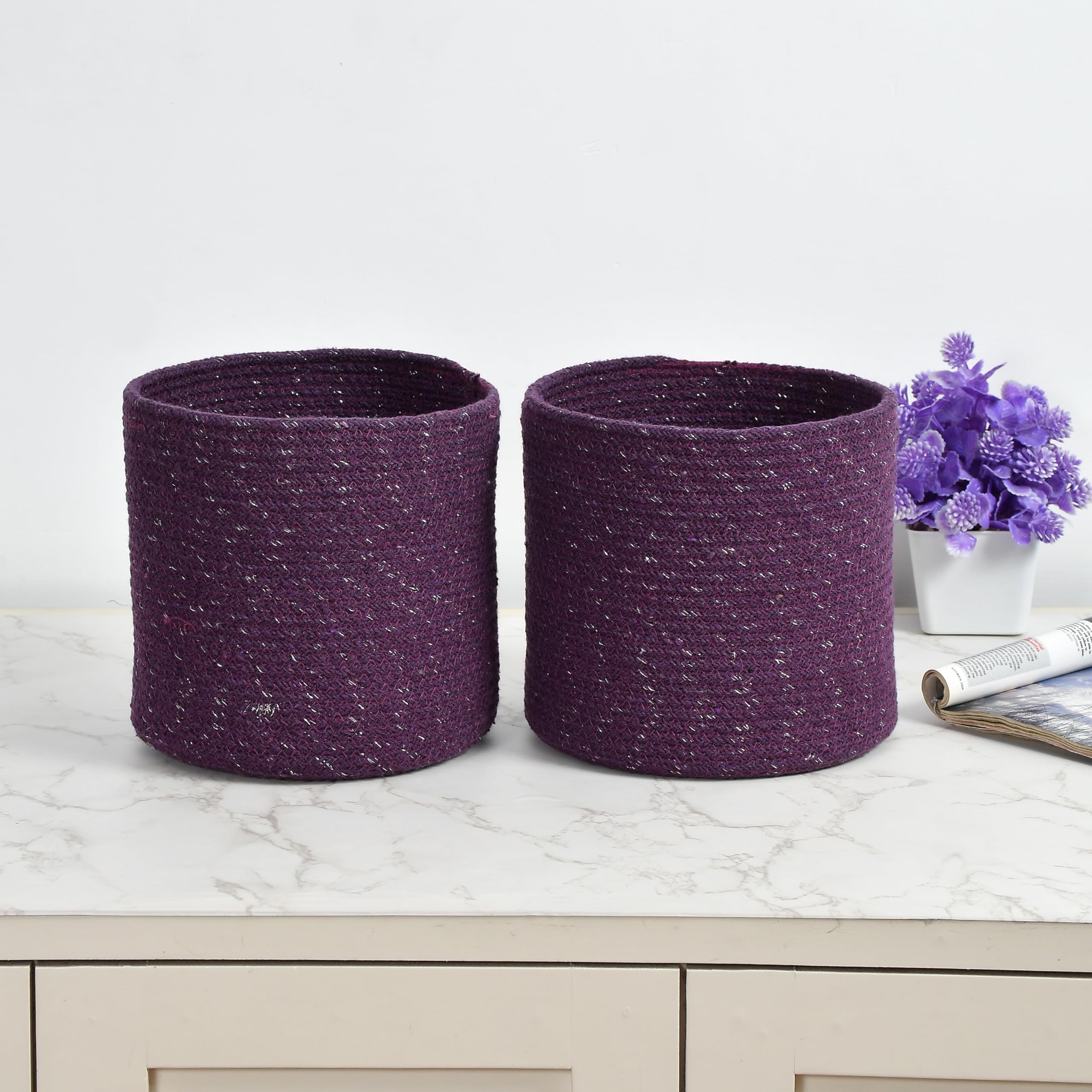 LaVichitra Braided Cotton Baskets | Storage Bins Organizer | Laundry, Toys & Planter Basket- Set of 2 (8 Inch), Silver Purple
