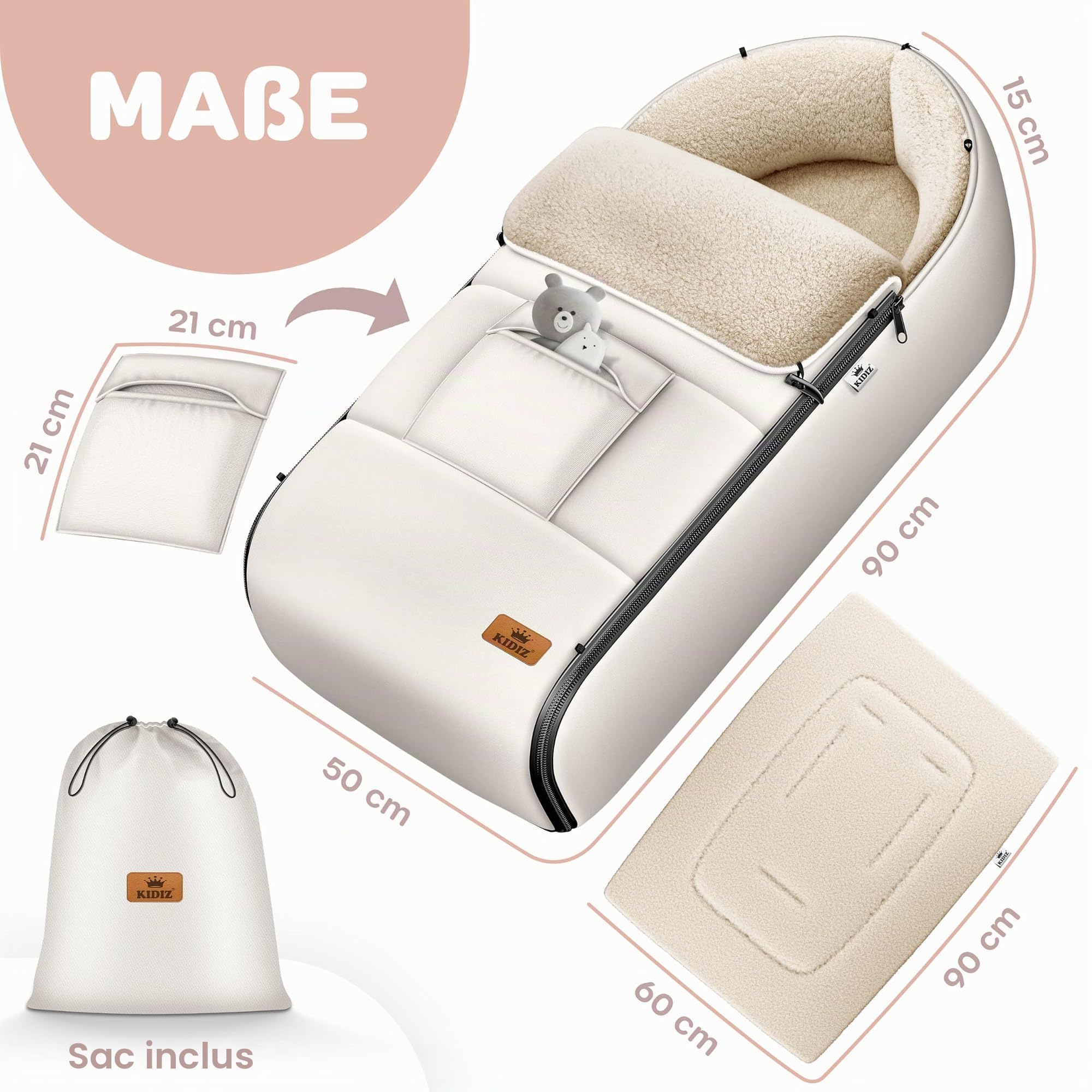 KIDIZ® Chancelière pour Bébé Chancelière d'hiver avec Fermeture à Glissière Couverture pour Bébé Poussette Lavable Tête Fermable, Poche, Adaptable à Toutes les Poussettes - Beige