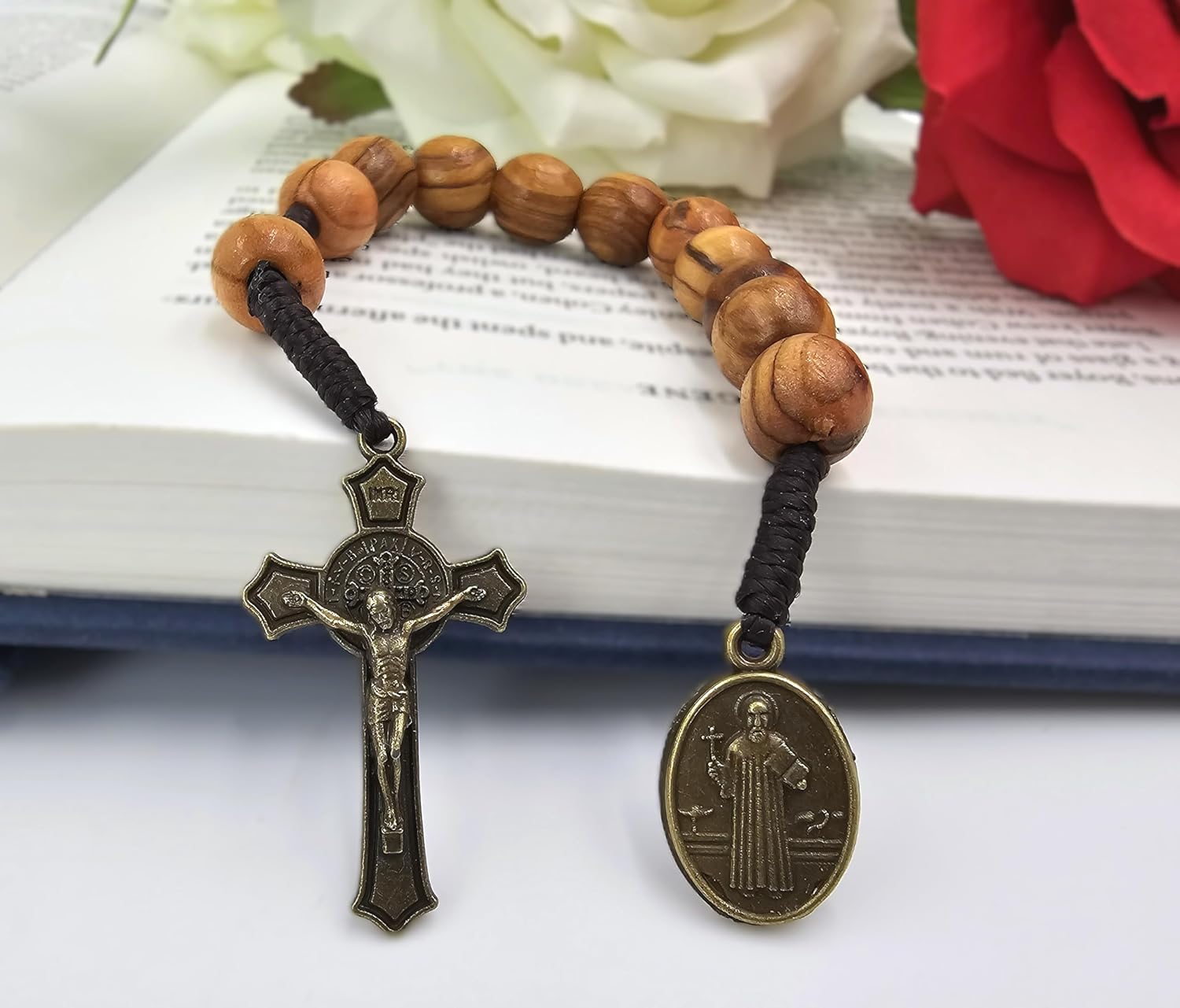TALISMAN4U Bronze Saint Benedict Medal One Decade Pocket Rosary 10 mm Olive Wood Prayer Beads Open Style Tenner Rosaries for Men Women San Benito Cross Handmade Catholic Gift Linen Rosary Pouch - Image 6