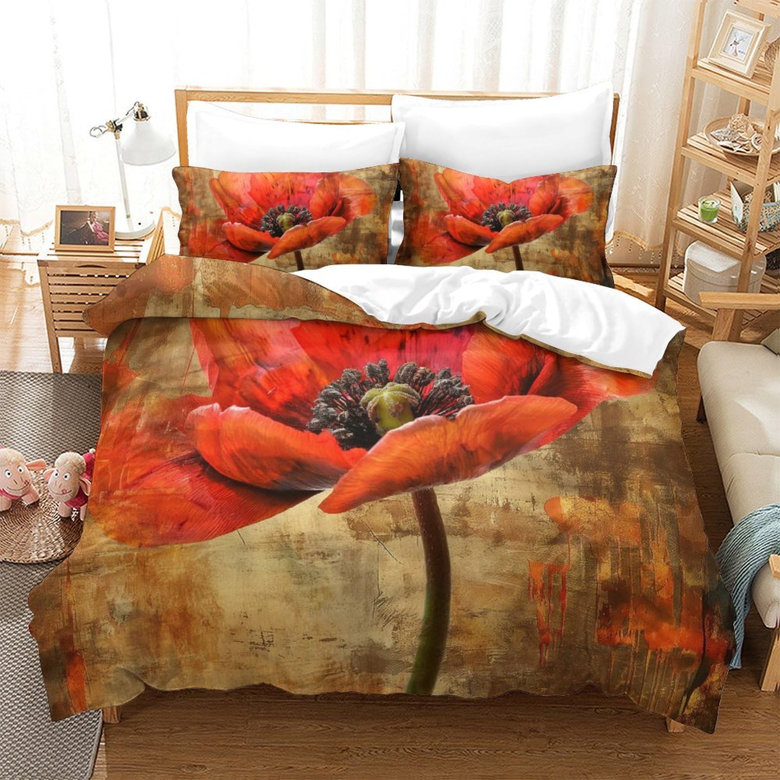 Parure de lit King fleurs rouges abstraites pour relooker une chambre d'ado moderne