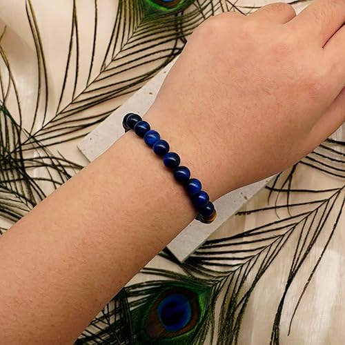 Miniatura 5 de POZANKI Pulsera de cristal natural con diseño de plumas de pavo real para protección de chakras, pulsera de ojo de tigre morado y amarillo, pulsera