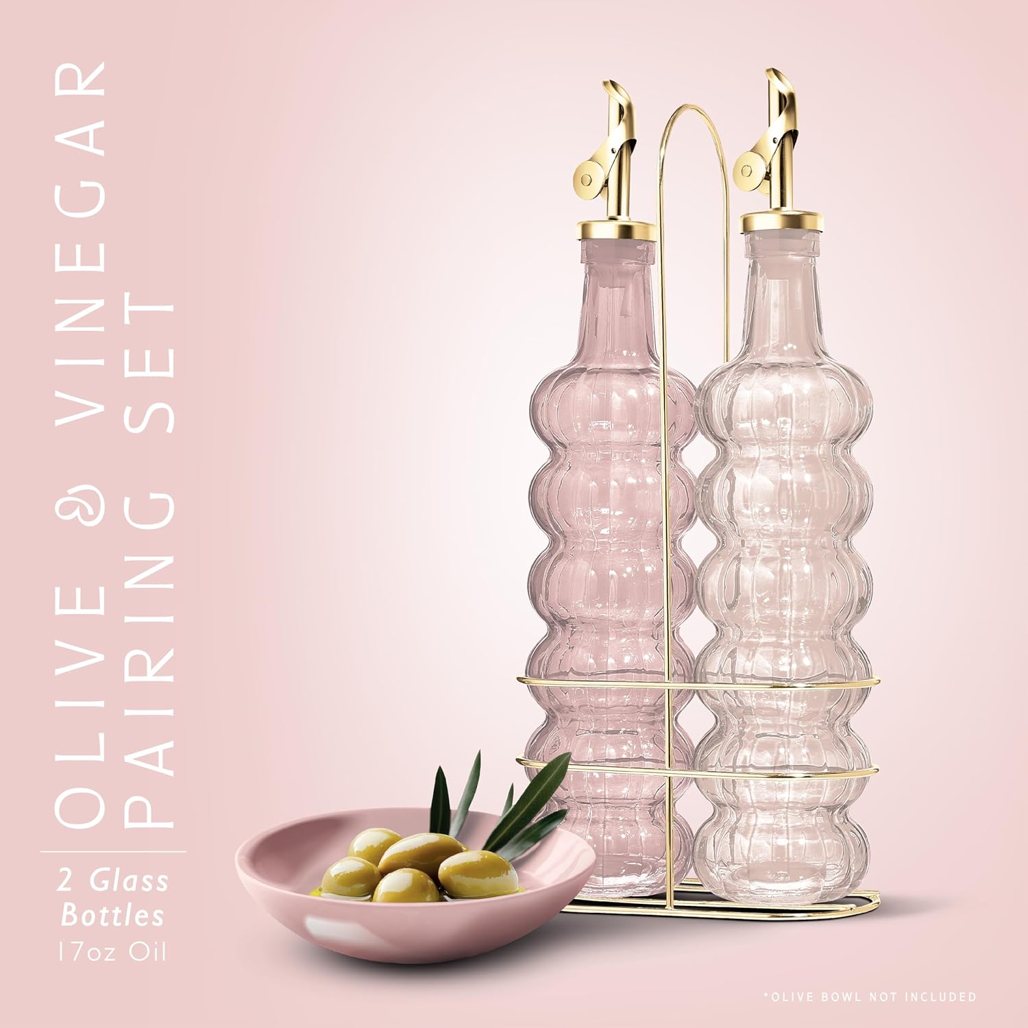 COOK WITH COLOR Glass Olive Oil Bottle Dispenser - 2 Pack- 17oz Oil and Vinegar Cruet - Olive Oil Carafe Decanter for Kitchen, Elegant Waves, Pink