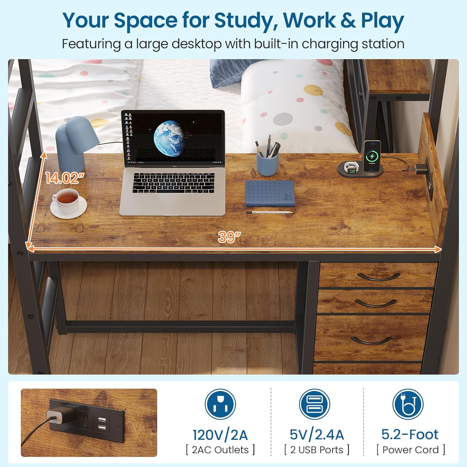 Twin Over Full Size Bunk Bed with Desk, 4 Storage Drawers and Practical Headboard, Bunk Bed for Kids/Teens with Charging Station & LED Lights, Heavy-Duty Metal Bed Frame with Safety Guardrail & Ladder