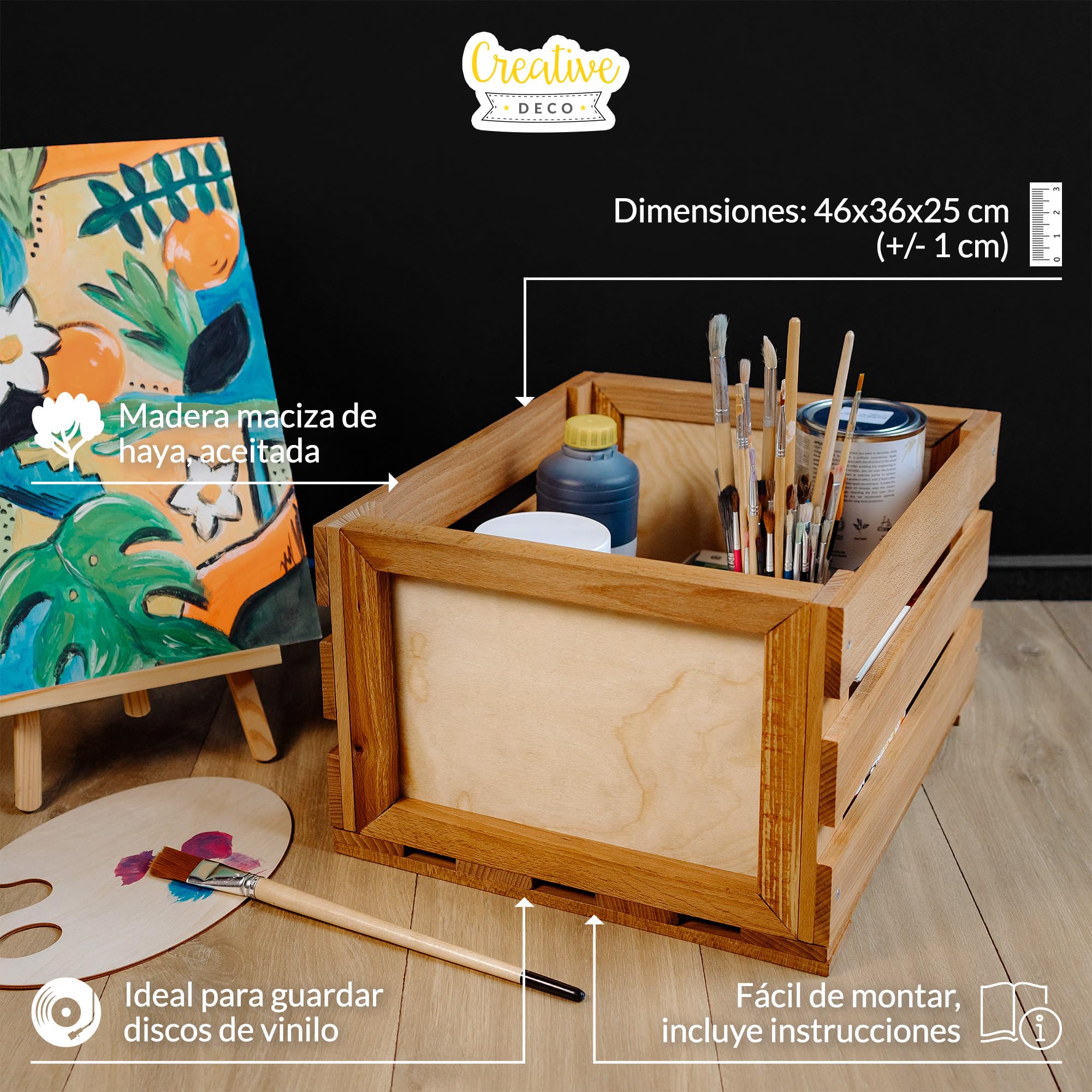 Creative DECO Caja de Madera para Discos de Vinilo con Pizarra | 80 Discos | 46x36x25cm (+/-1cm) | Mueble Soporte Cajón Porta Vinilos | Madera de Haya | Cesta para Frutas, Verduras, Vino, Juguetes