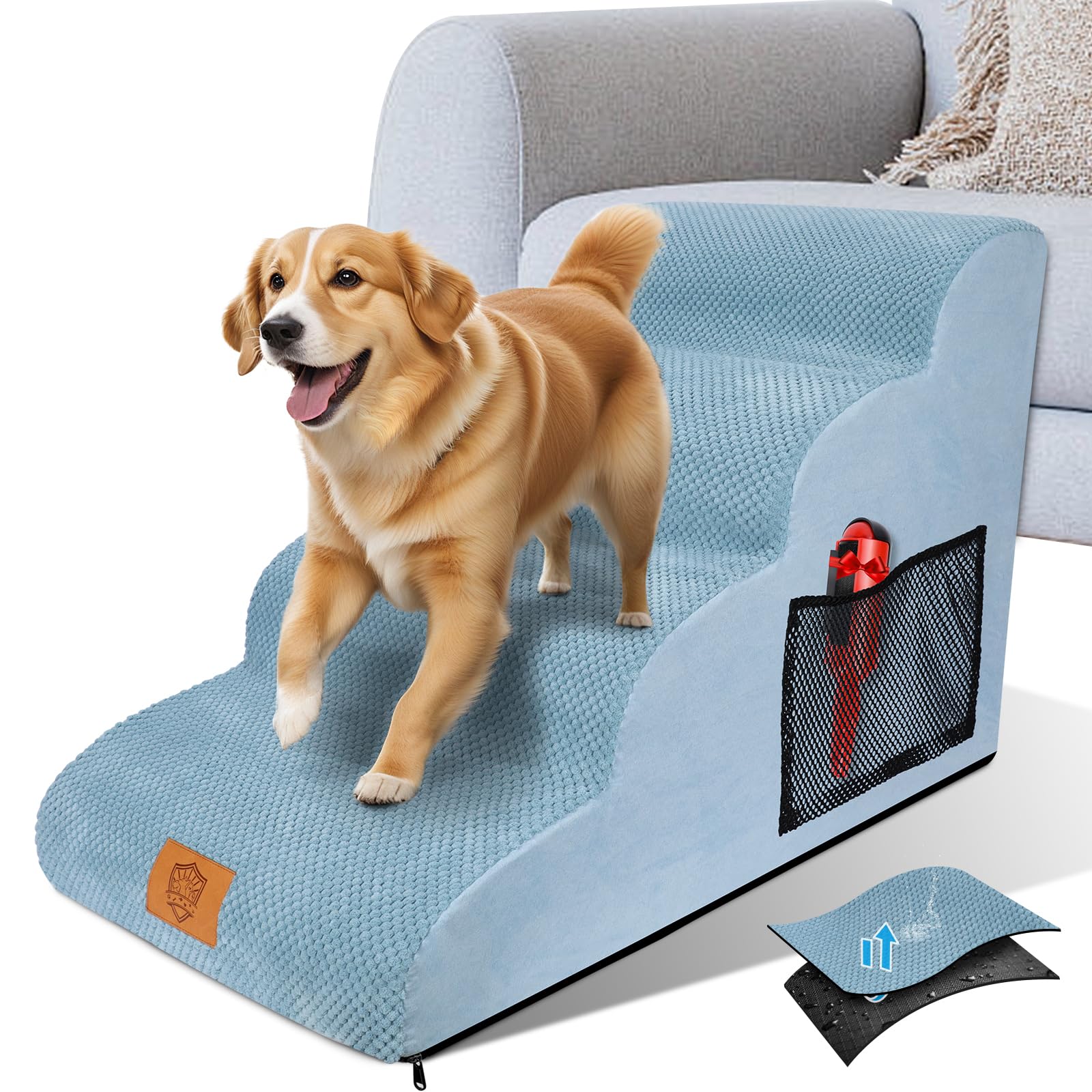 OZD Escalera para perros, 4 niveles, portátil de espuma de alta densidad, escalera para mascotas, perros grandes y gatos, lavable y antideslizante, rampa para perros para cama, sofá, escalera de gatos
