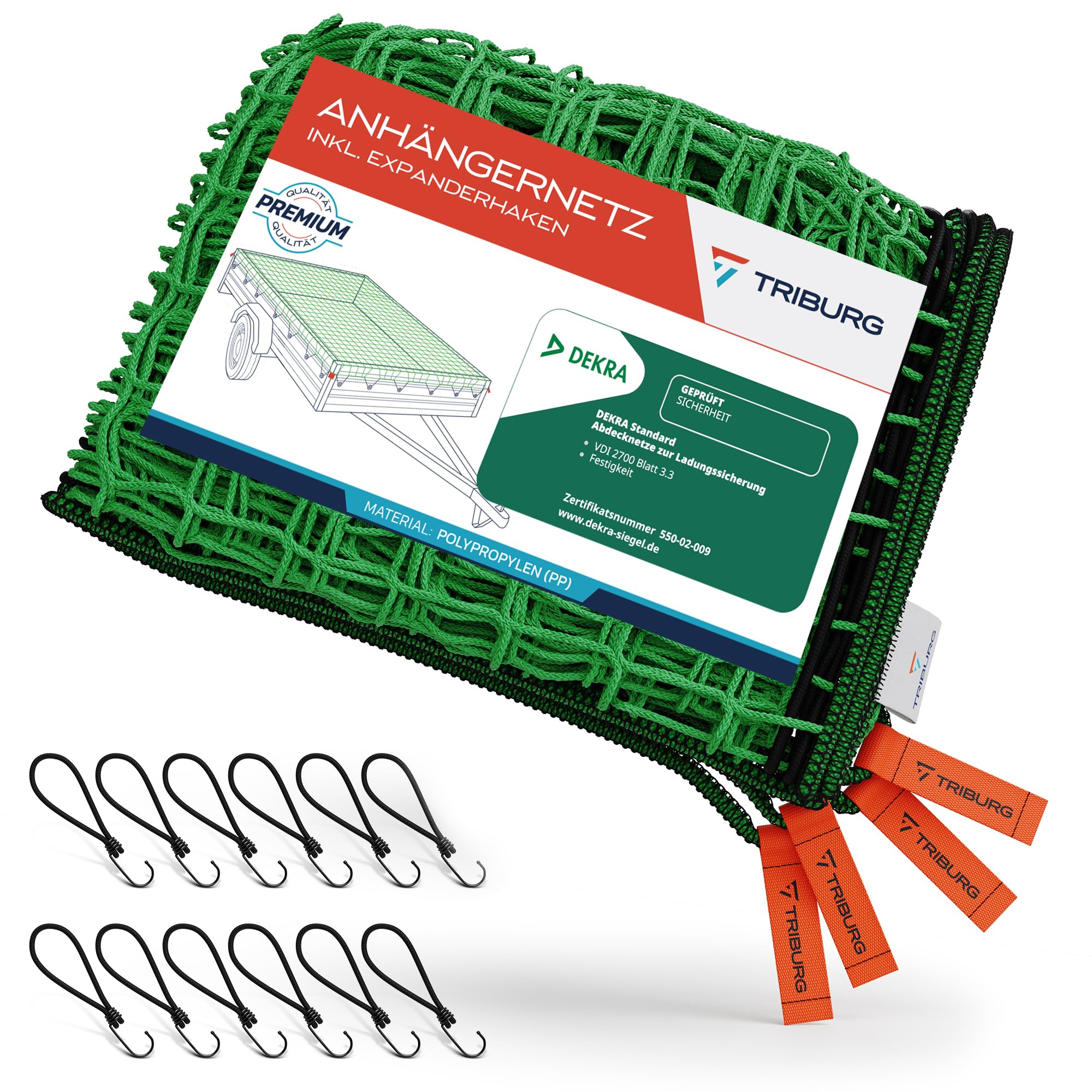 Anhängernetz 3x5 [DEKRA Geprüft] inkl. 12x Expander Haken - Anhänger Netz mit Eckmarkierungen und Randverstärkung inkl. 12x Gummispanner mit Haken