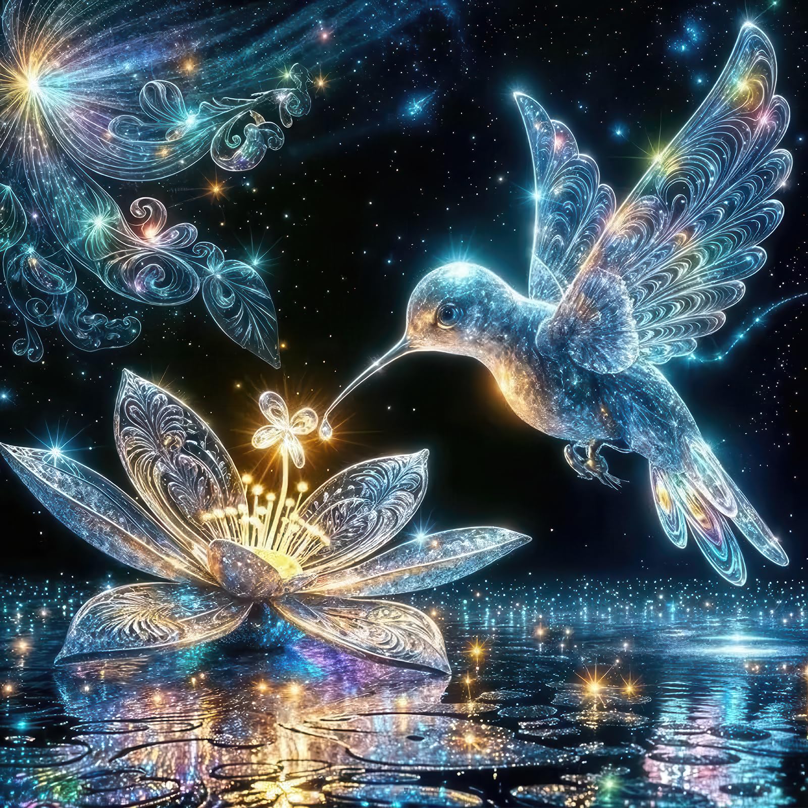 1000 Piece Jigsaw Puzzle for Adults – Luminous Hummingbird & Crystal Lotus Fantasy Artwork, Magical Night Sky Art Puzzles, Relaxing & Challenging Puzzle Gift (Hummingbird)