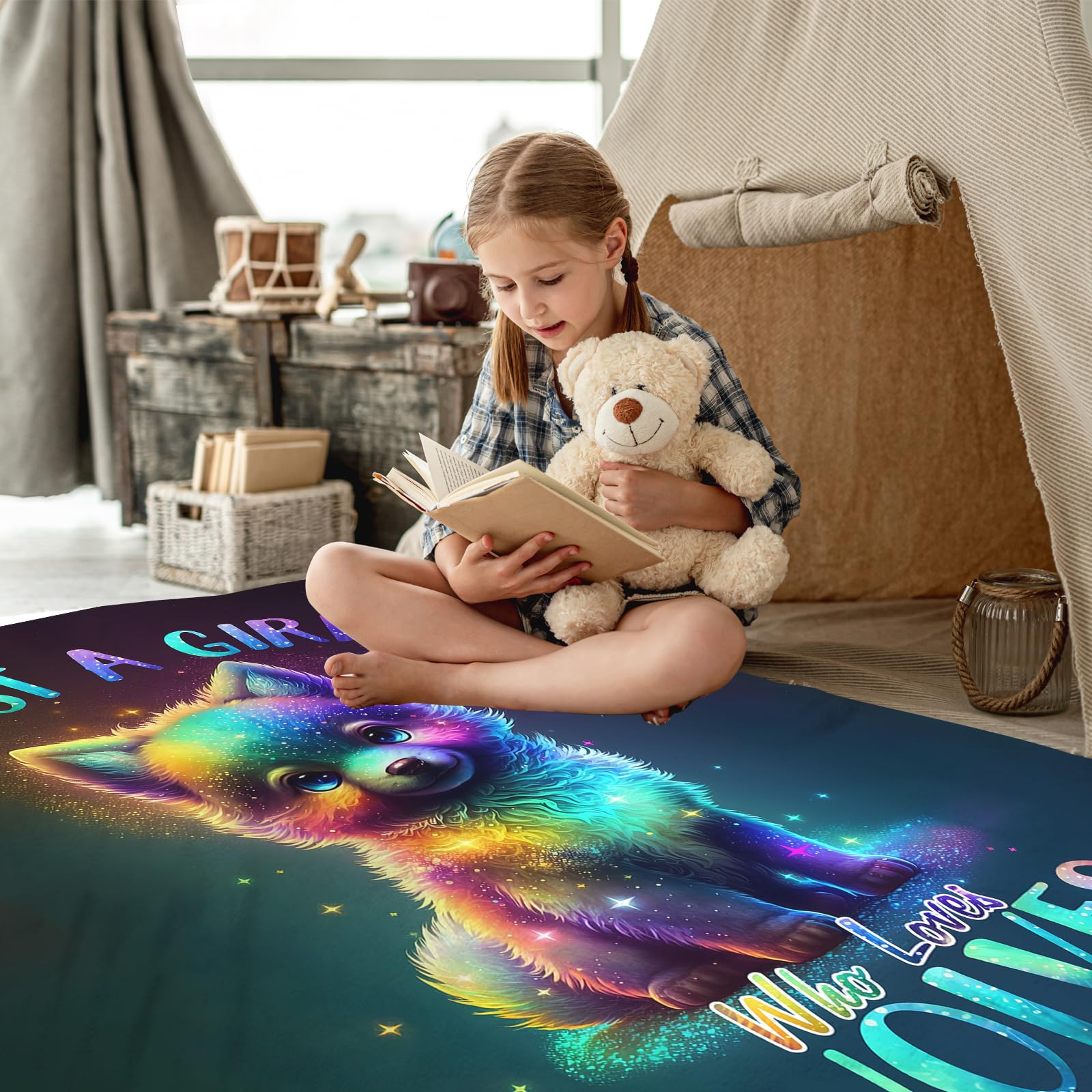 Just A Girl Who Loves Wölf-Decke, niedliche Wolfsdecke, Wolfsgeschenke für Mädchen, Kawaii-Baby-Wolf, Regenbogenfarben, Überwurfdecke, Wölf-Geschenk für Wölf-Liebhaber, Wolf, 203 x 152 cm