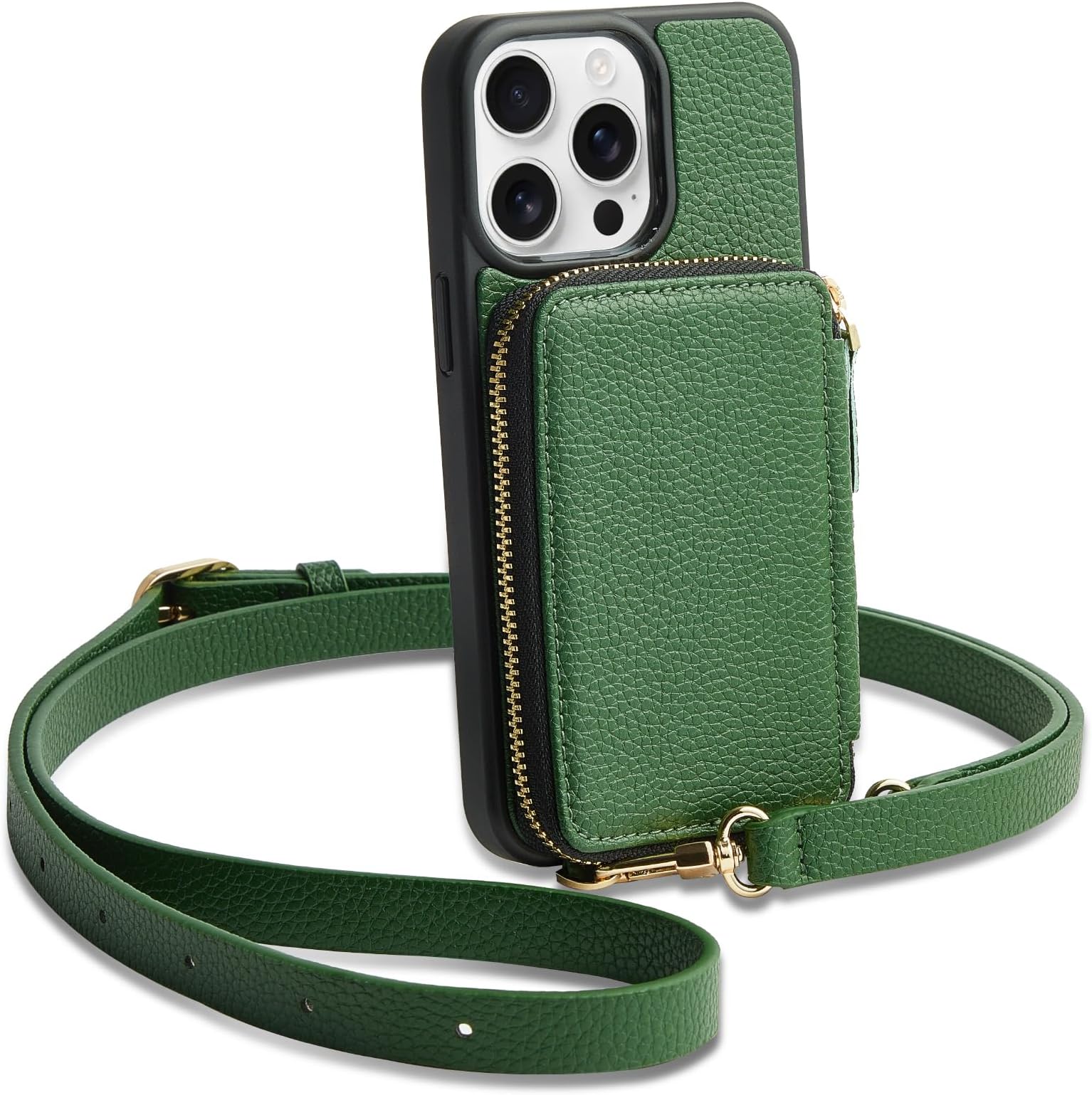 ZVE for iPhone 13 Pro Max Wallet Case Crossbody, Zipper Phone Case with RFID Blocking Card Holder Wrist Strap Purse Leather Cover for Women for iPhone 13 Pro Max (6.7 inch)- Dark Green 01