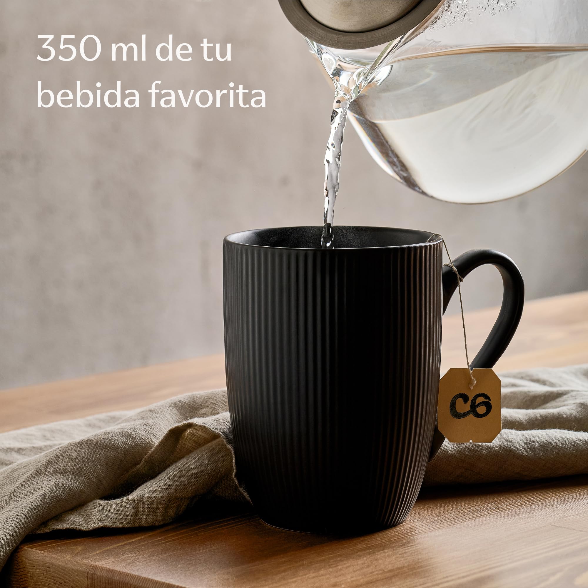 Cosumy Tazas para Cafe con Leche Grande - Juego de 6 Tazas para Café, Té y Capuccino en Color Negro - Diseño Único - Cerámica Mate - Aptas para Microondas & Lavavajillas