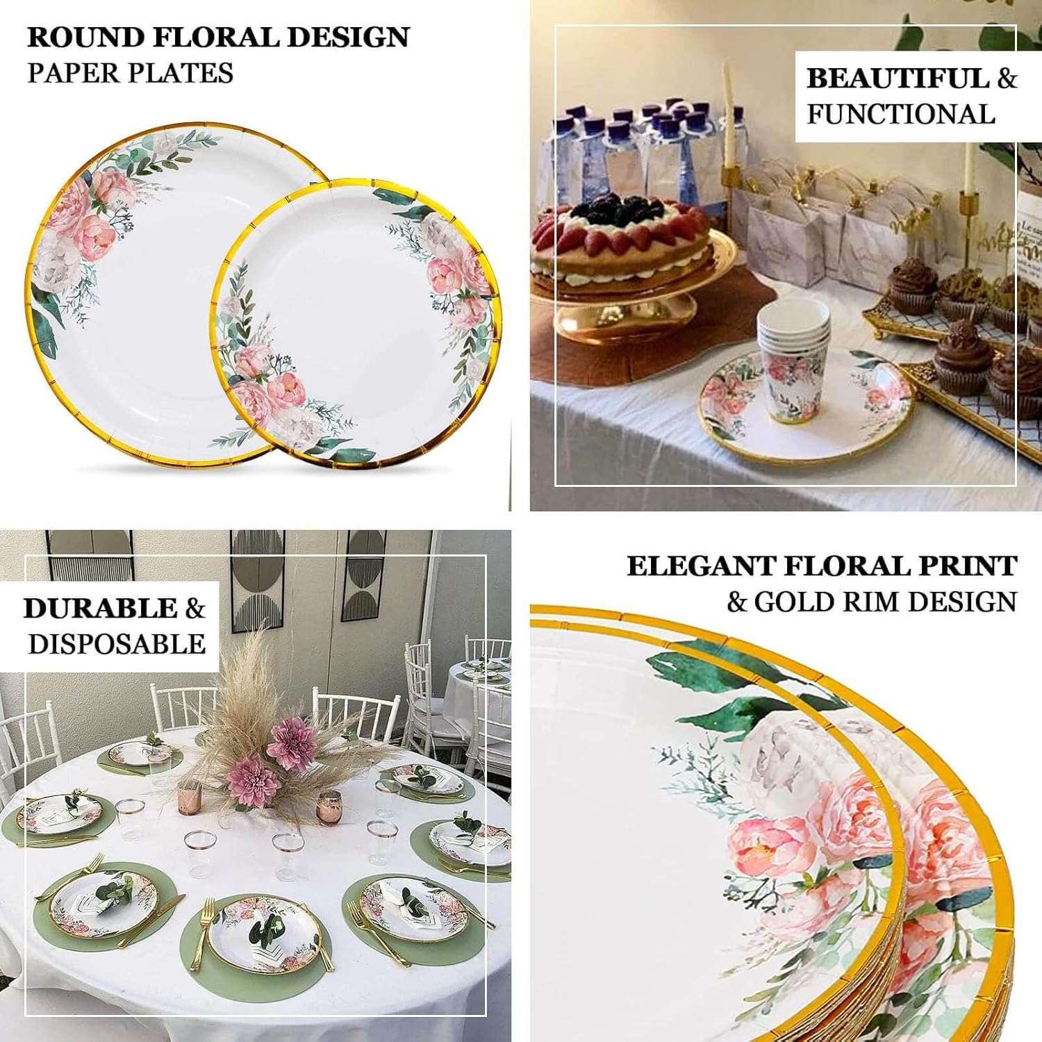 Efavormart 25-Pack 9" White Elegant Floral Gold Rim Paper Plates; Premium Disposable Dinner Plates for High-End Catering, Formal Banquets and Anniversary Parties