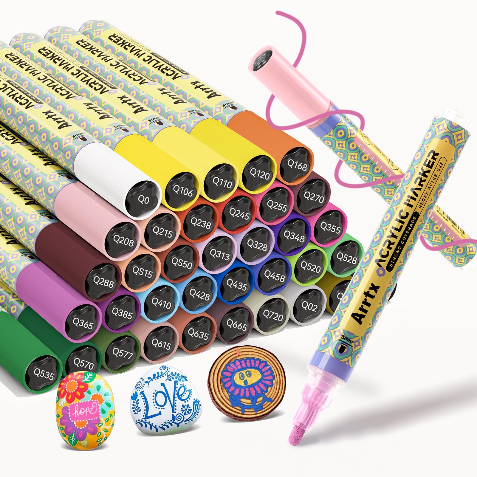 Arrtx 36 rotuladores de color acrílicos e impermeables, punta mediana de 3 mm, rotulador acrílico permanente para pintar piedras, cerámica, cristal, madera, lienzo, tarjetas y manualidades