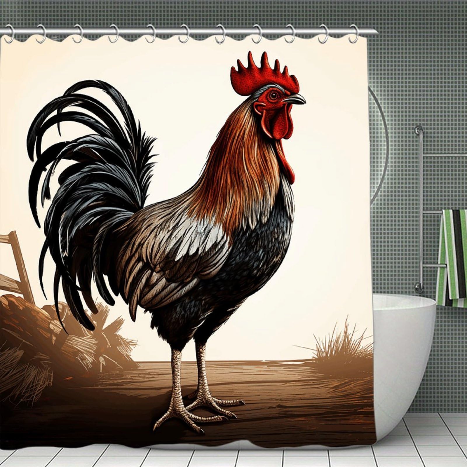 VstaDank Rooster Bath Curtain Elegant Heavy Duty Shower Curtains 70x70 in Rustic Farmhouse Cloth Shower Curtains Neutral Modern Bath Curtain for Bathroom