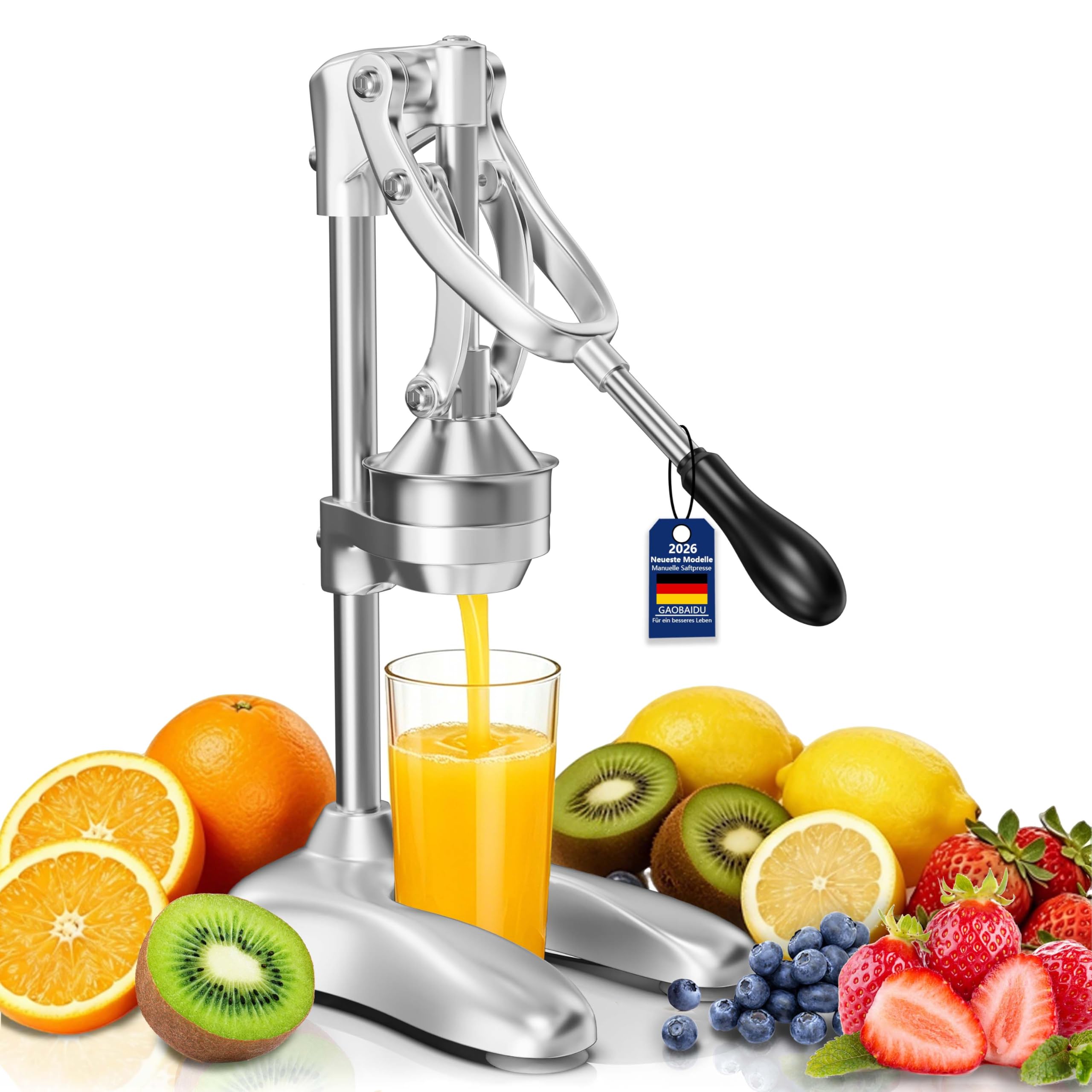 professionelle Zitruspresse,manuell bedienbare Zitruspresse für Orangen, Zitronen, Granatäpfel, Grapefruits,wartungsfrei,robuster und strapazierfähiger (Silber)