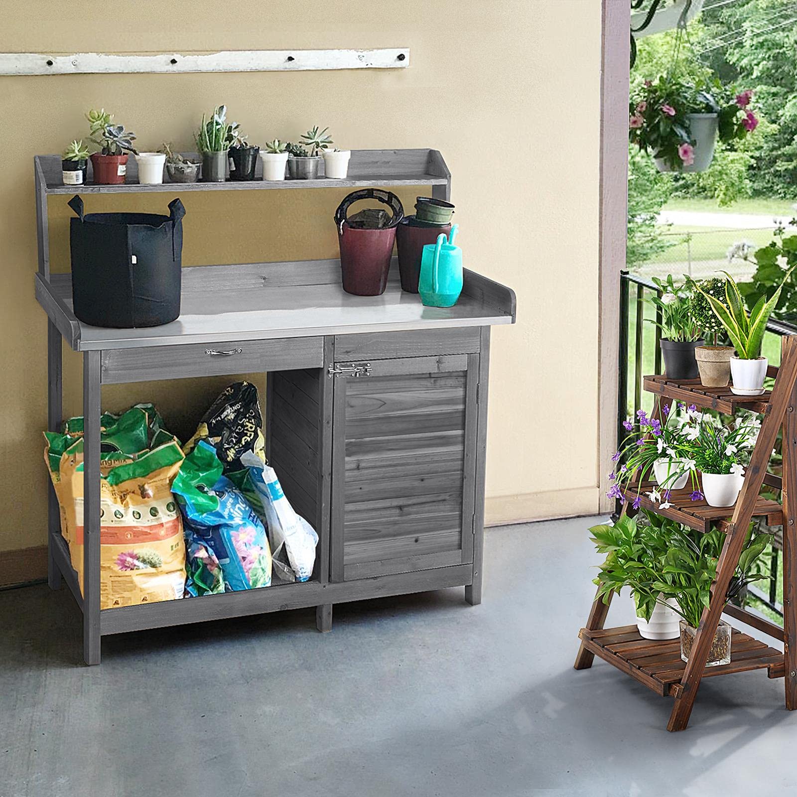 Abician Table de Rempotage Extérieure en Bois avec Tiroir Plan de Travail en Métal Étagère de Rangement Placard Inférieur 3 Crochets Latérales Table de Jardin pour Pots de Fleurs Gris