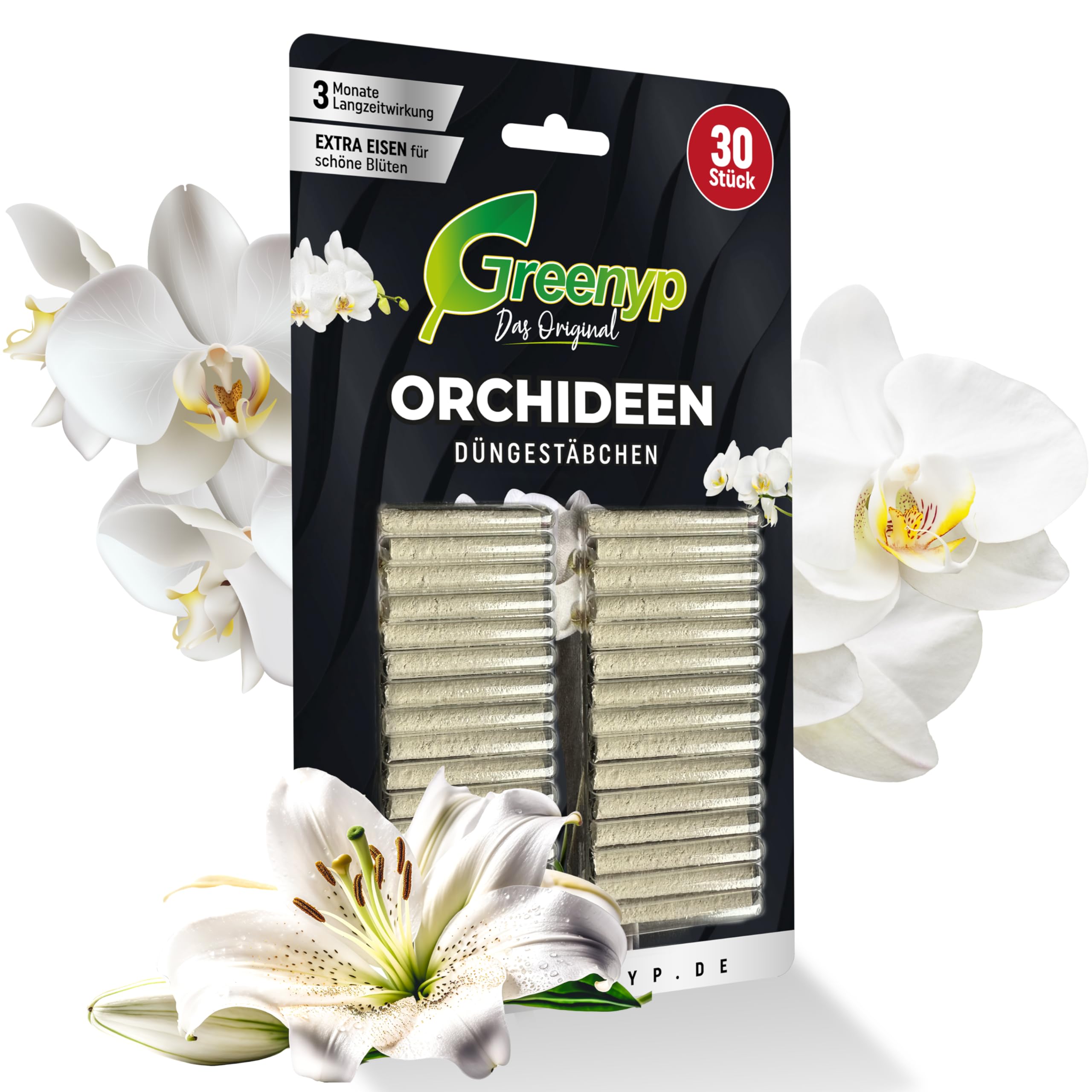 Greenyp 90x Orchideen Düngestäbchen für alle Zimmerpflanzen I Universal NPK Orchideendünger für kraftvolle Blüten I Langzeitdünger mit Extra Eisen und 3 Monate Düngekraft.