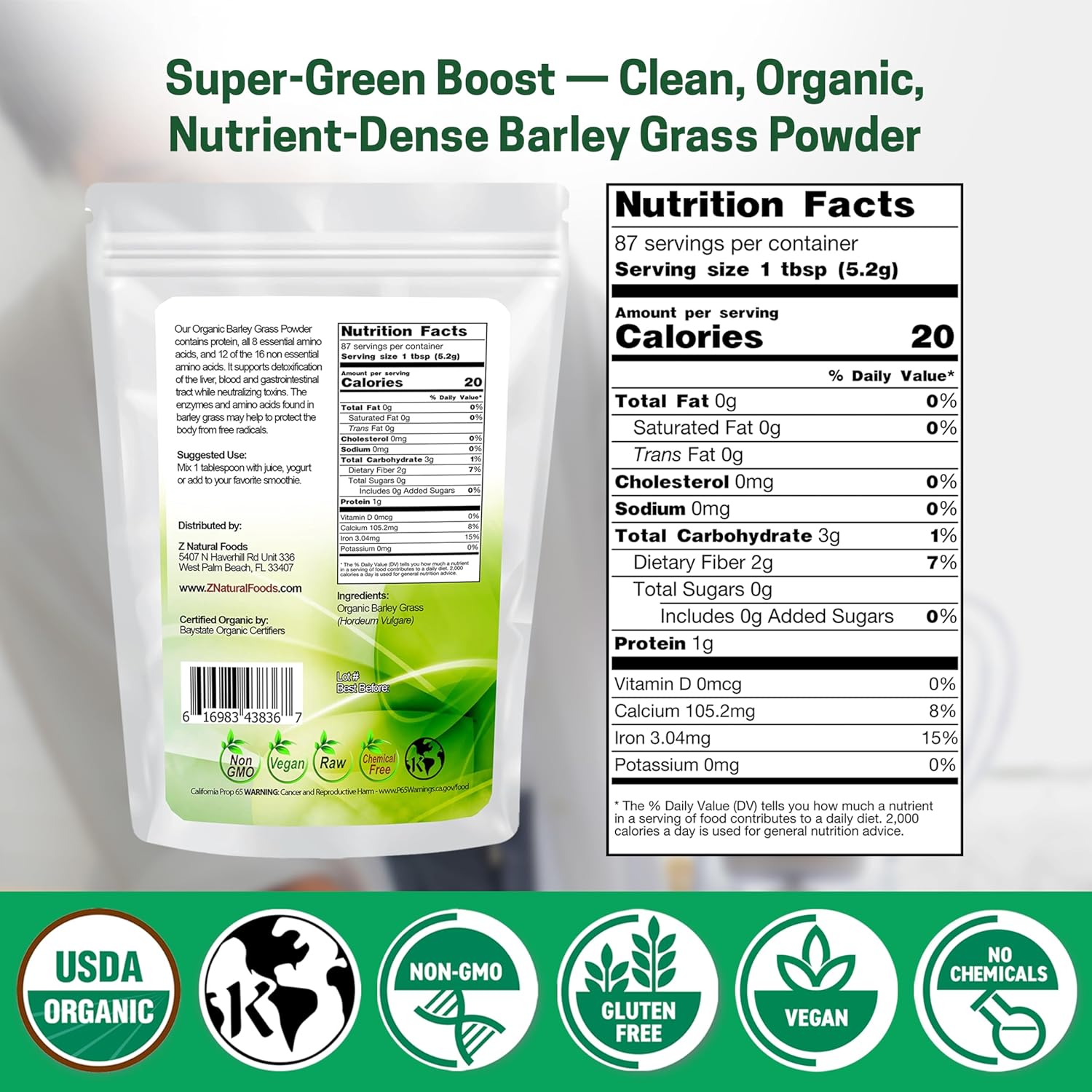 Z Natural Foods Organic Barley Grass Powder - USDA Organic Whole Food Green Blend for Energy Boost, Detox & pH Balance with Amino Acids, Minerals - Antioxidant Mix for Juice, Water, Smoothies, 1 lb - Image 2