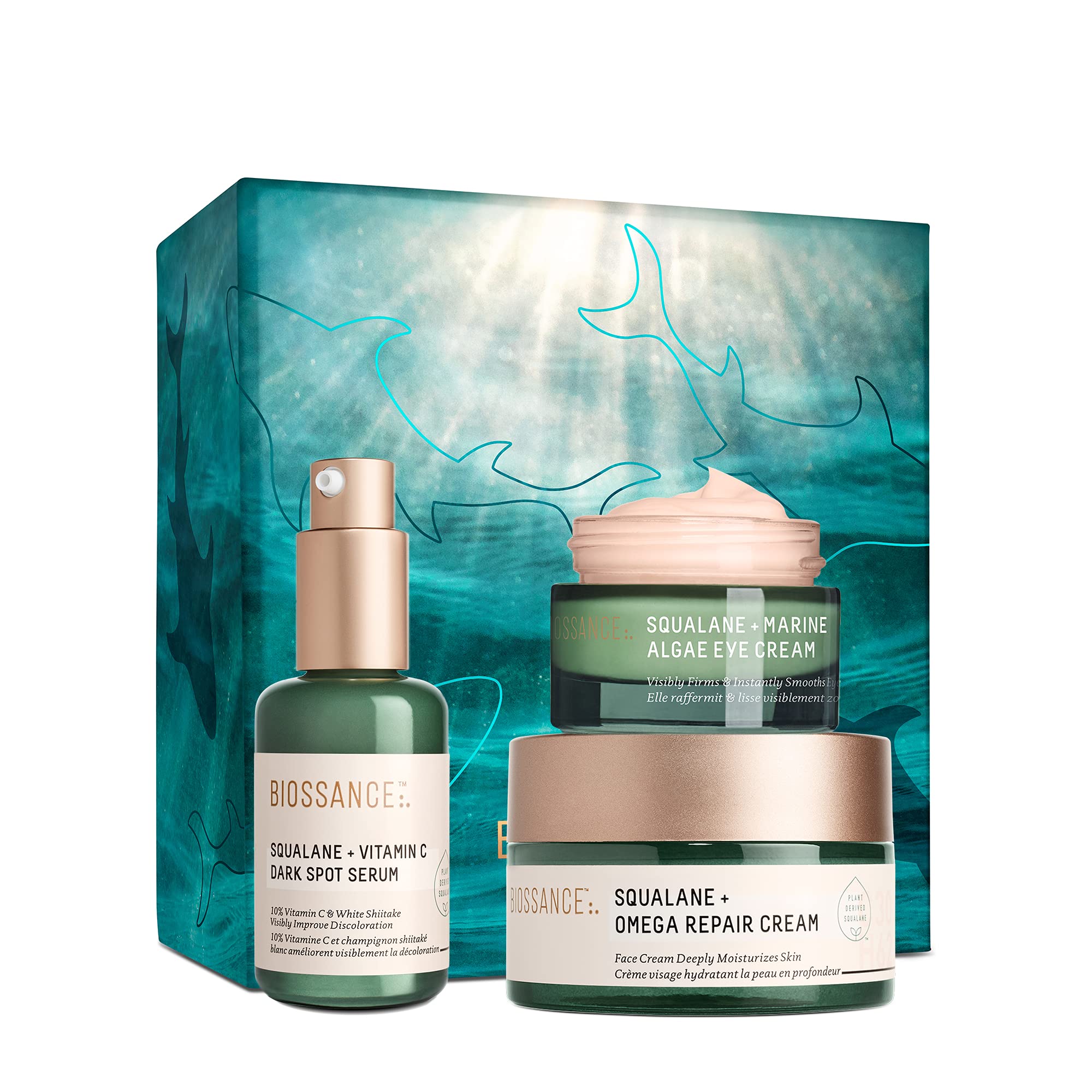 Biossance Oceana Set. Full Size Squalane + Vitamin C Dark Spot Serum (1.01 oz) Bundle with Squalane + Omega Repair Cream (1.6 oz) and Squalane + Marine Algae Eye Cream (0.5 oz) for Hydrated Skin