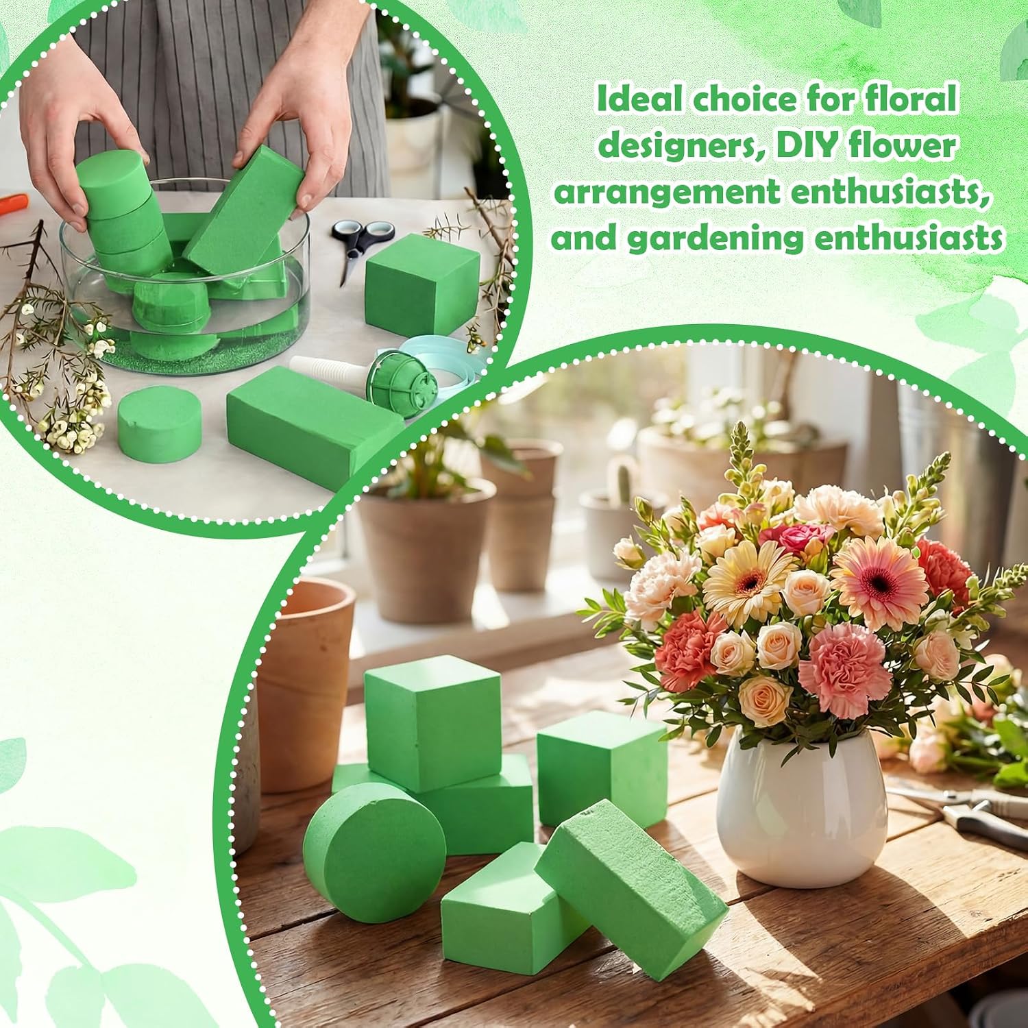 Giegxin 12 Pack Floral Foam Blocks for Flower Arrangement Wet and Dry Florist Green Plant Foam for Fresh and Artificial Flowers (rect: 5.5''L x 3.1''W x 1.7''H; Square: 4''; Round: 3.15'' x 1.5'')