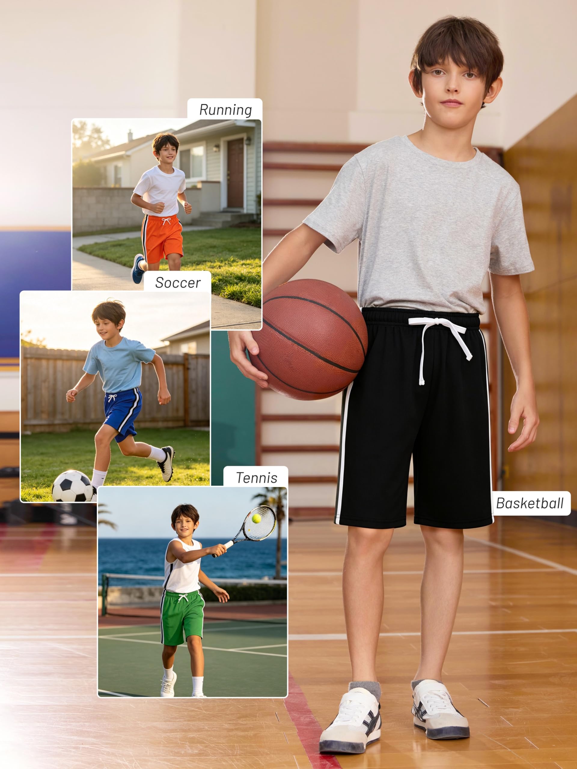 YERIOK 5 Stück Jungen Shorts Jungen Athletic Basketball Mesh Kinder Fußball Gym Shorts Kleidung Schnell trocknend Active Sports Shorts