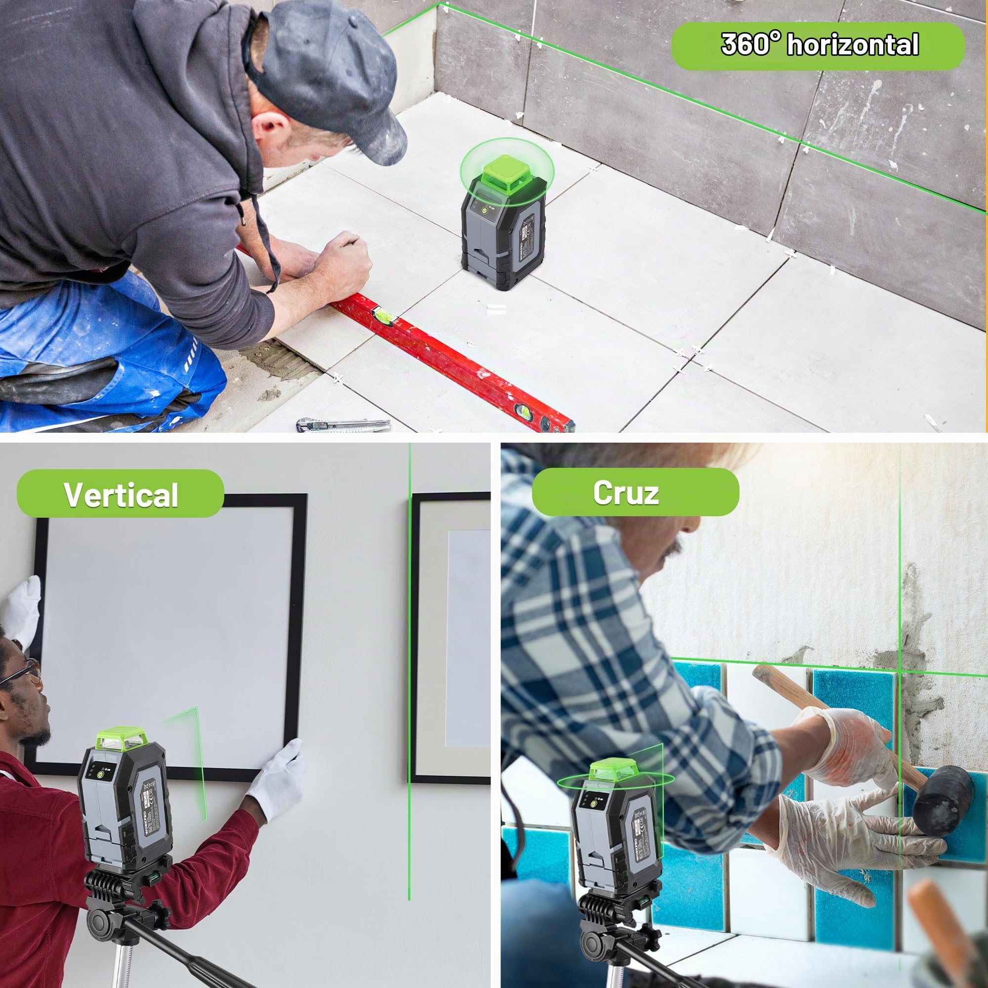 WORKPRO Nivel Láser 360° con Trípode, 30m, Láser Verde | Línea Horizontal, Vertical y Cruzada con 3 Modos, Soporte Magnético, Trípode Ajustable y Bolsa de Transporte