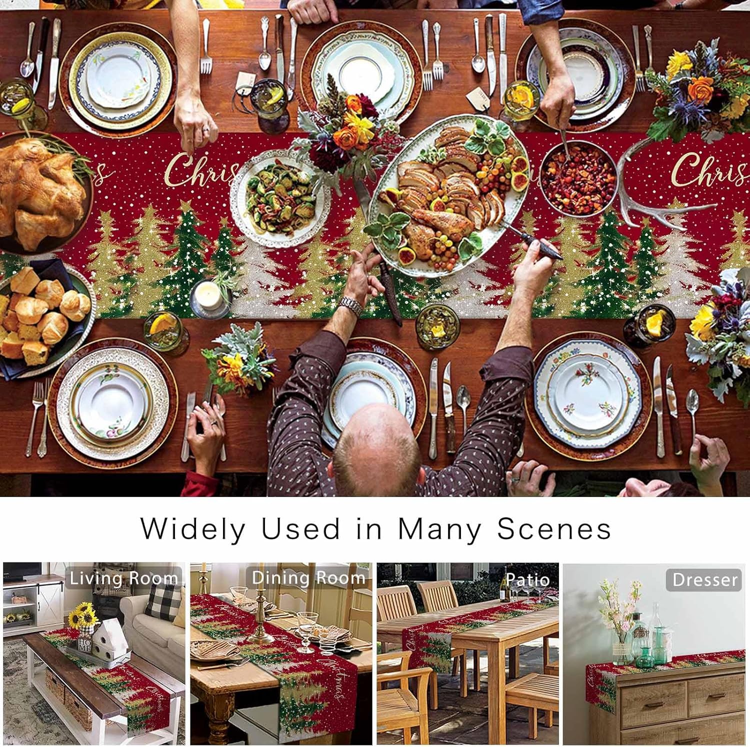 Merry Christmas Table Runner Winter Falling Snow Kitchen Dining Table Holiday Decoration Xmas Tree Dark Red Table Cover for Indoor Outdoor Home Party Decor 13 x 108 Inch