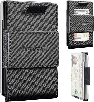 Wallet for Men Slim Pull Tab Metal RFID Blocking Credit Card Holder with ID Window & Cash Strap - Compact Front Pocket Design Holds 1-10 Cards 3.62x2.36x0.47in Carbon