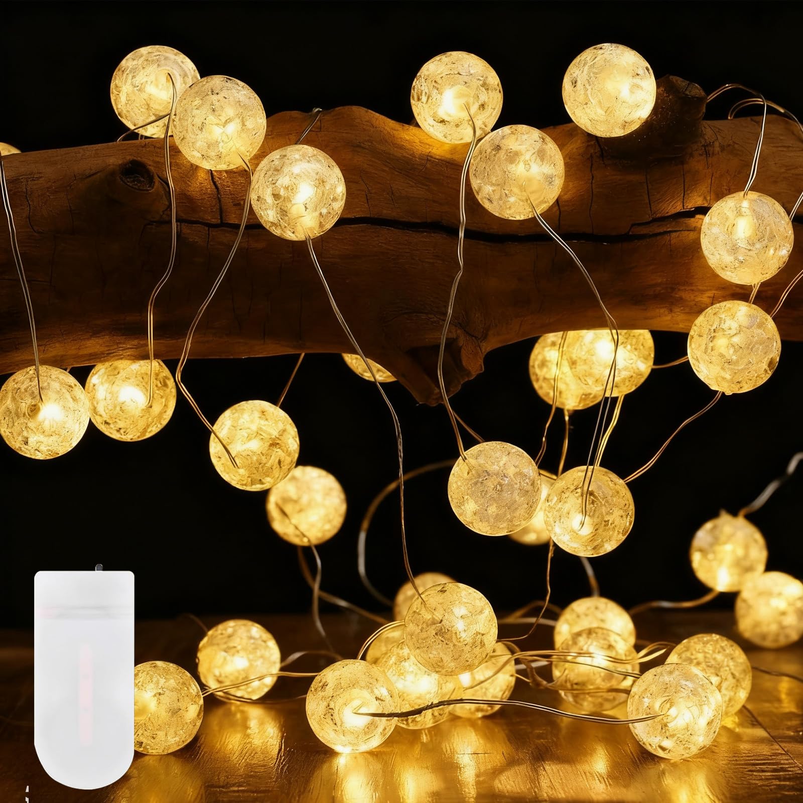 ALEGRE Kristall Kugeln Lichterkette,2M 20 LED Lichterkette Kugeln mit CR2032 Batterie,Micro Kupferdraht Crackle Kugel Lichterketten Innen,Kugellichterkette für Geburtstag,Schlafzimmer,Weihnachten Deko