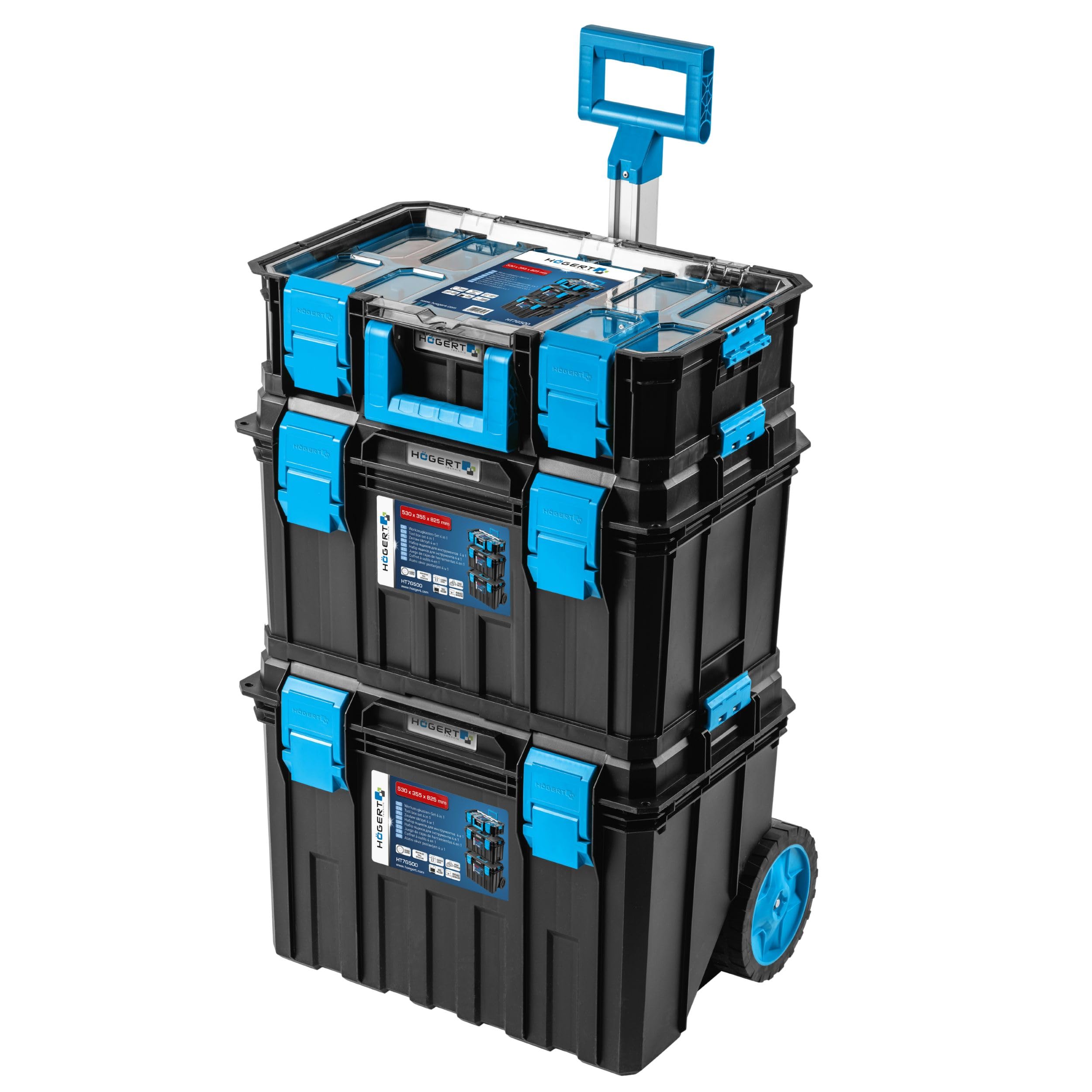 Högert Technik - Set de Cajas 4 en 1 HT7G500, Caja Herramientas con Ruedas, Resistente a Daños, Maletin Herramientas a Prueba de Polvo, Cierres Robustos de ABS, Estructura Modular