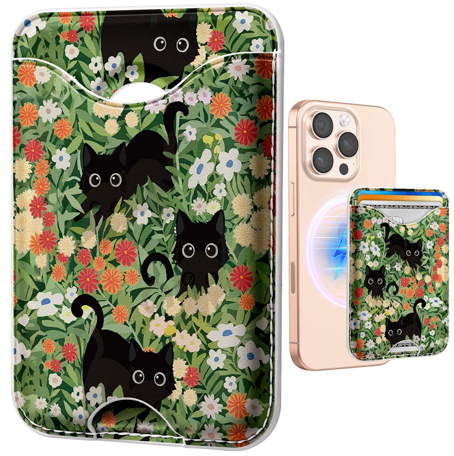 Shorogyt Compatible with Magsafe Wallet Magnetic Card Holder - Three Cats Phone Wallets for Women Teen Girls Cute for iPhone 1716/15/14/13/12 Series