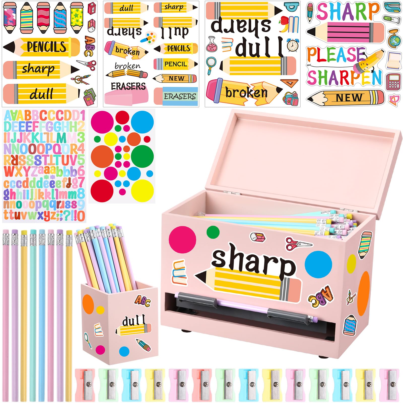Watersay 107-teiliges Holz-Bleistiftspender-Set für Klassenzimmer, scharfer und stumpfer Stifthalter, 50 Bleistifte, 50 Spitzer, 5 Aufkleber, Klassenzimmer, Lehrer, Muss für Schulanfang (Hellrosa)
