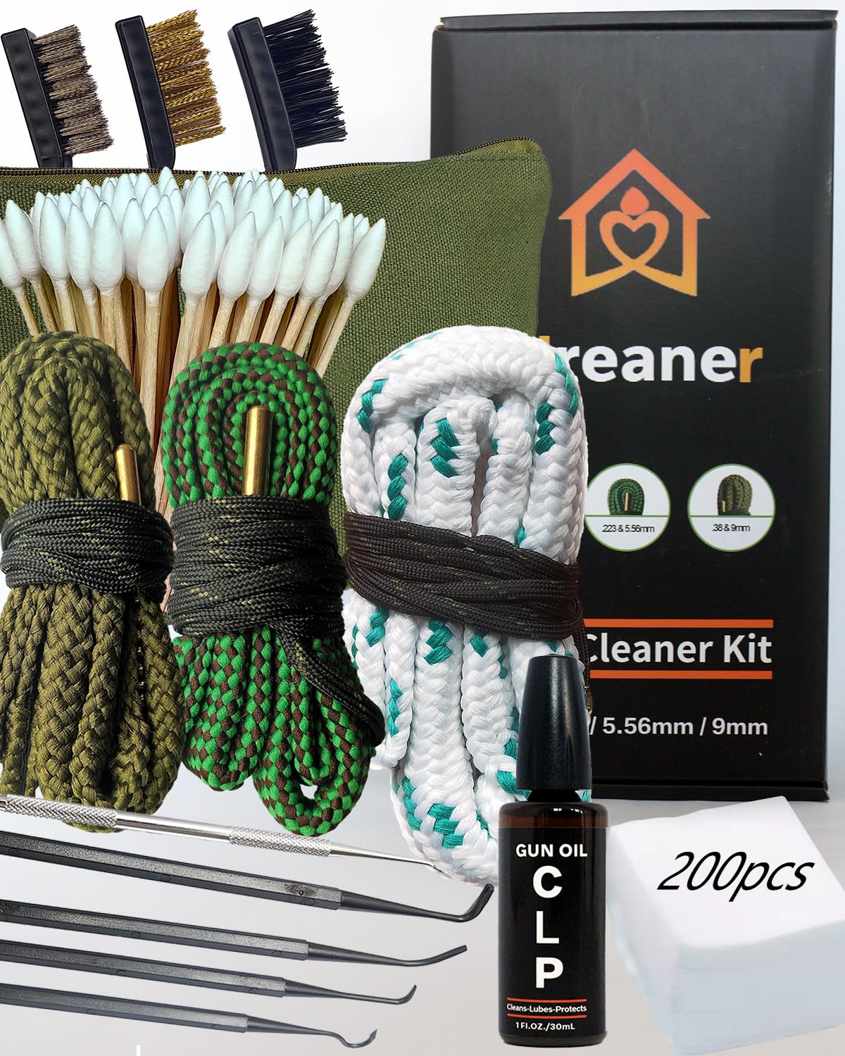 Fireaner Bore Cleaner Gun Cleaning Kit for 12Ga / 5.56 / 9mm Gun Cleaning Snake in Carry-on Bag,Incl. CLP Oil Needle,Gun Cleaning Supplies with Gun Patches, 6-inch Gun Swabs, Gun Brushes, Gun Picks