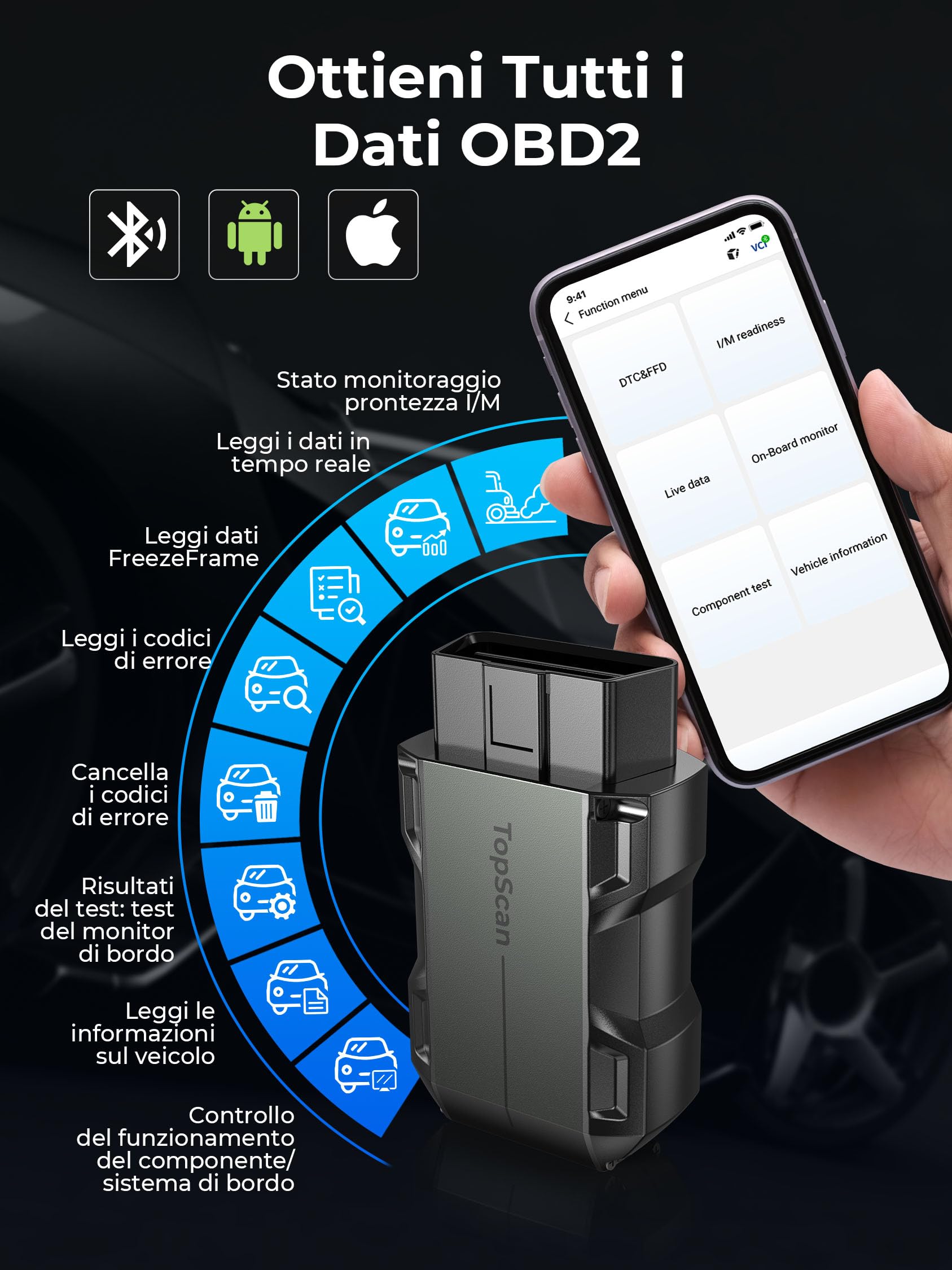 TOPDON Topscan Lite OBD2 Scanner Bluetooth, OBDII WiFi per Tutti Gli Strumenti di Diagnostica del Sistema, Test Attivo, Controllo del Lettore di Codici Auto Motore, Test delle Prestazioni del Veicolo