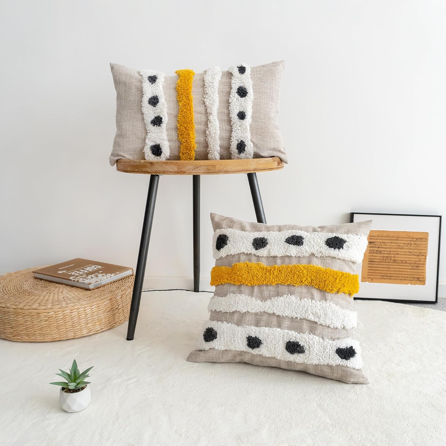 Boho Tufted Lumbar Throw Pillow Cover with Handwoven Stripes, Linen Cotton Simple Decorative Cushion Case for Couch Sofa, 1 PC (Beige Yellow, 12x20 inch) - Image 5