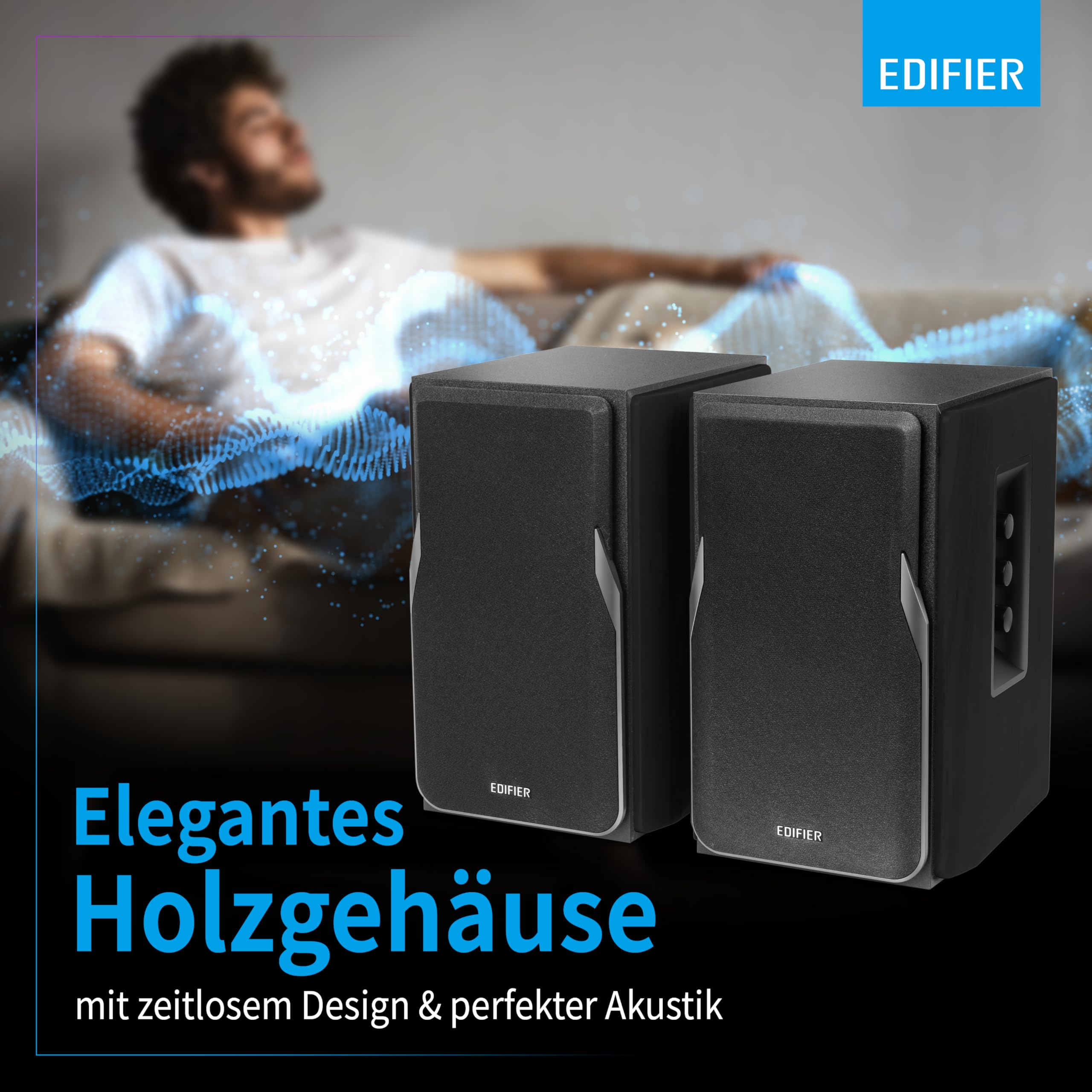 EDIFIER Studio R1380T 2.0 Regallautsprecher-System (42 Watt) im Echtholzgehäuse (MDF). Zwei LINE IN Anschlüsse. Infrarot-Fernbedienung und seitliche Bedienelemente für Bässe, Höhen und Lautstärke.