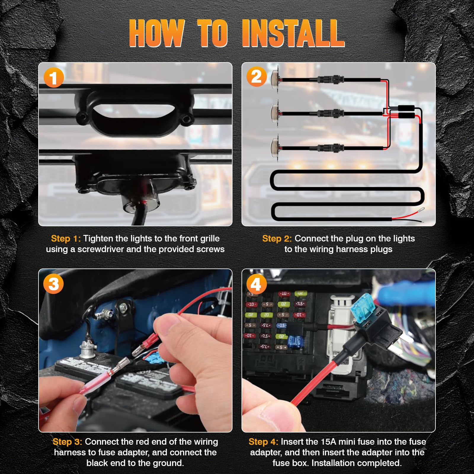 Riloer Zestaw świateł LED do kratki 12V w stylu Raptor, aftermarketowa kratka kompatybilna z kratką Ford F-150 Raptor Style 2004-2008, przyciemniana osłona/3 szt. bursztynowych świateł LED