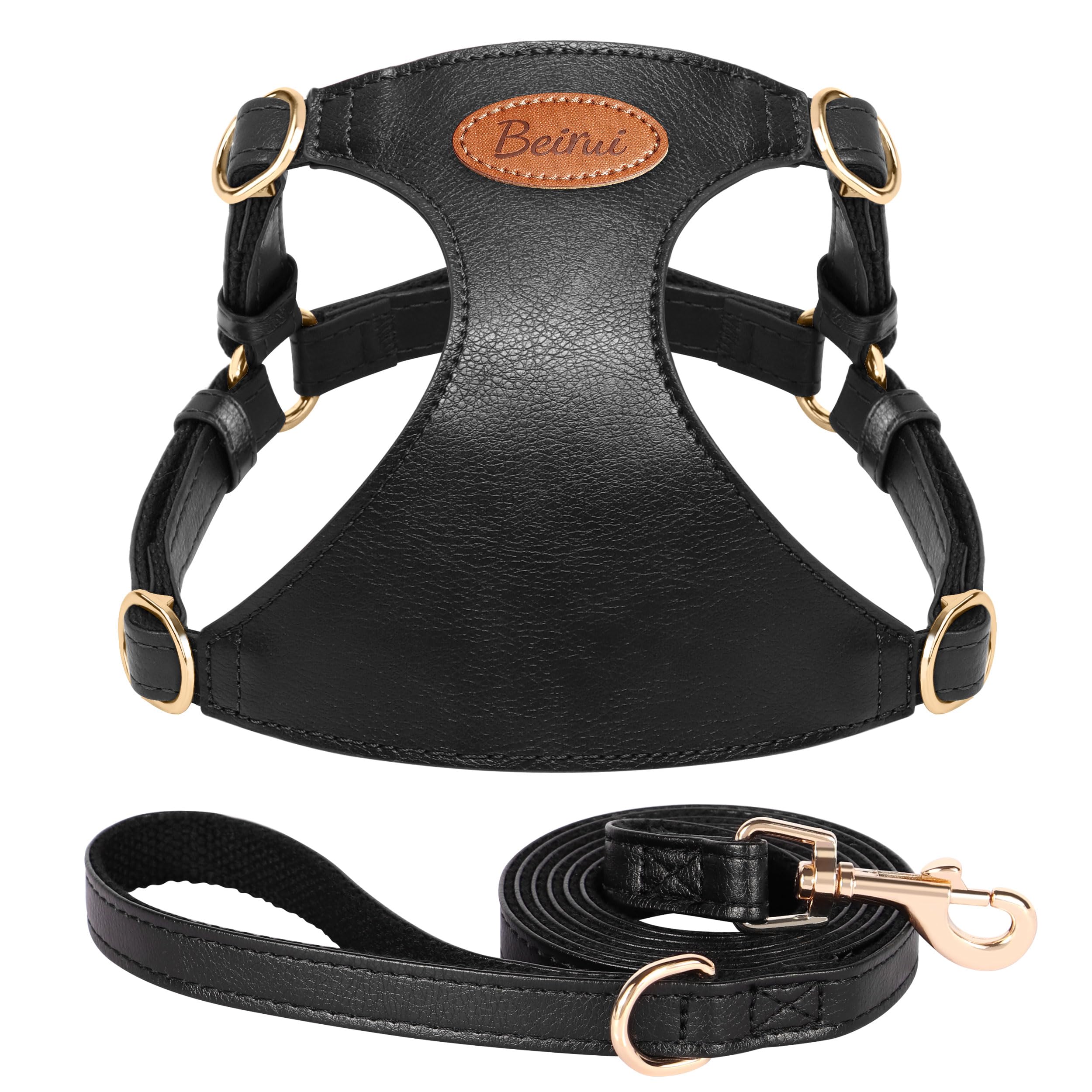Beirui ‌Stylish PU Leather Dog Harness‌ and Leash Set for Small Dogs, ‌Adjustable Step in Puppy Harness with Breathable Mesh Lining and Durable Metal Buckle for Walking Traveling(Black,XS)