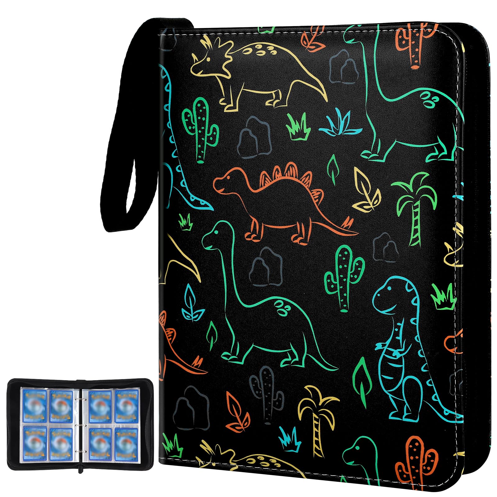 Card Binder for Cards 4-Pocket,400 Pockets Trading Card Binder Holder Collector Album Book Includes 50 Removable Sleeves (Colored Dinosaur)