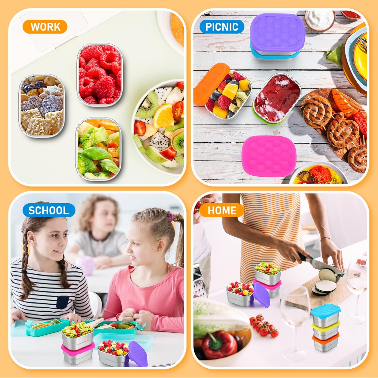 Layhit 6 Pcs Stainless Steel Snack Containers for Kids, 8 oz Lunch Containers with Silicone Lids Small Reusable Metal Food Box for Child Daycare School Home Storage Supplies(Vivid Color) - Image 6