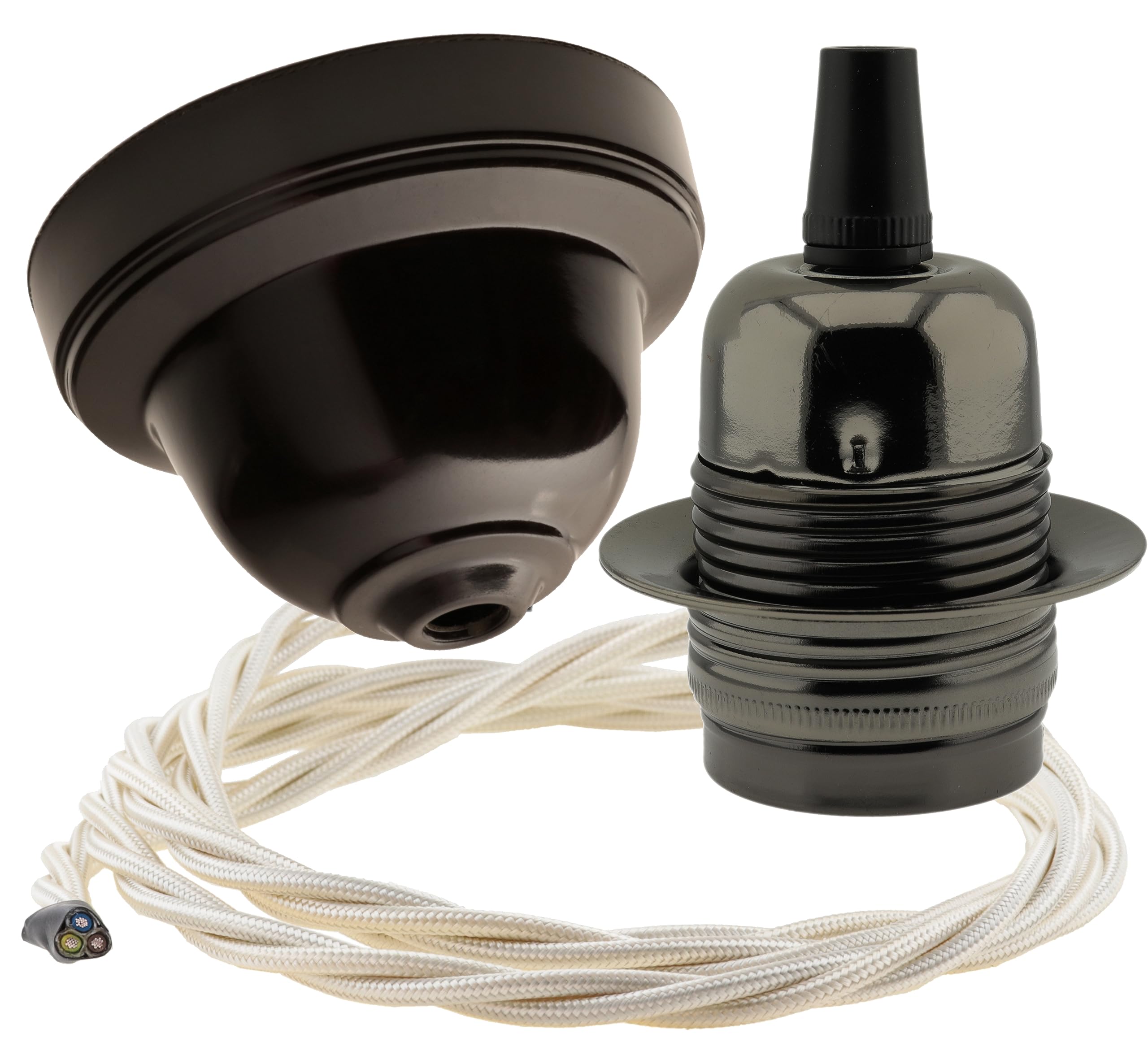 Repaireum Ltd. Vintage Styled Ceiling Pendant Kit incl. Black Bakelite Rose, Traditional E27 Lampholder in Antique Bras and 3 Core Classic Ivory Braided Twisted Flex