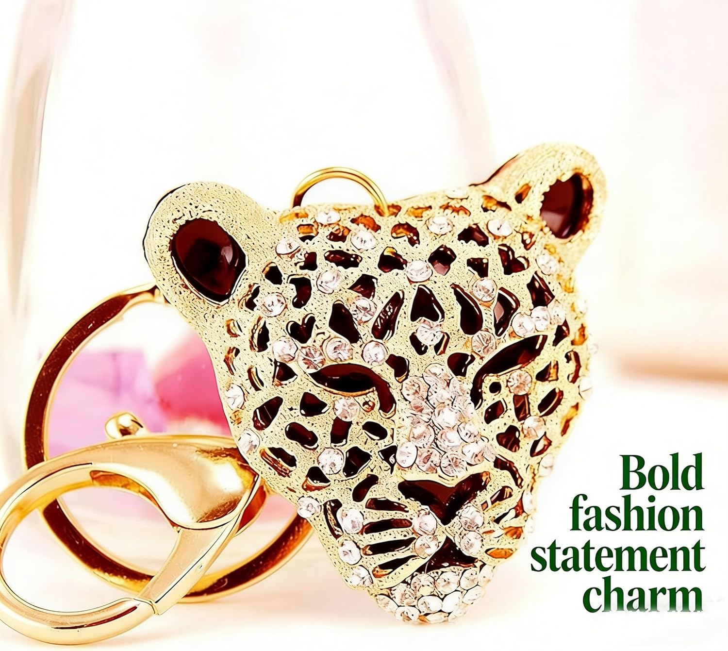 MAGIKON Gold Leopard Keychain – Rhinestone Cheetah Head Charm for Purse, Wallet, Bag, Keyring 2-Inch - Image 4
