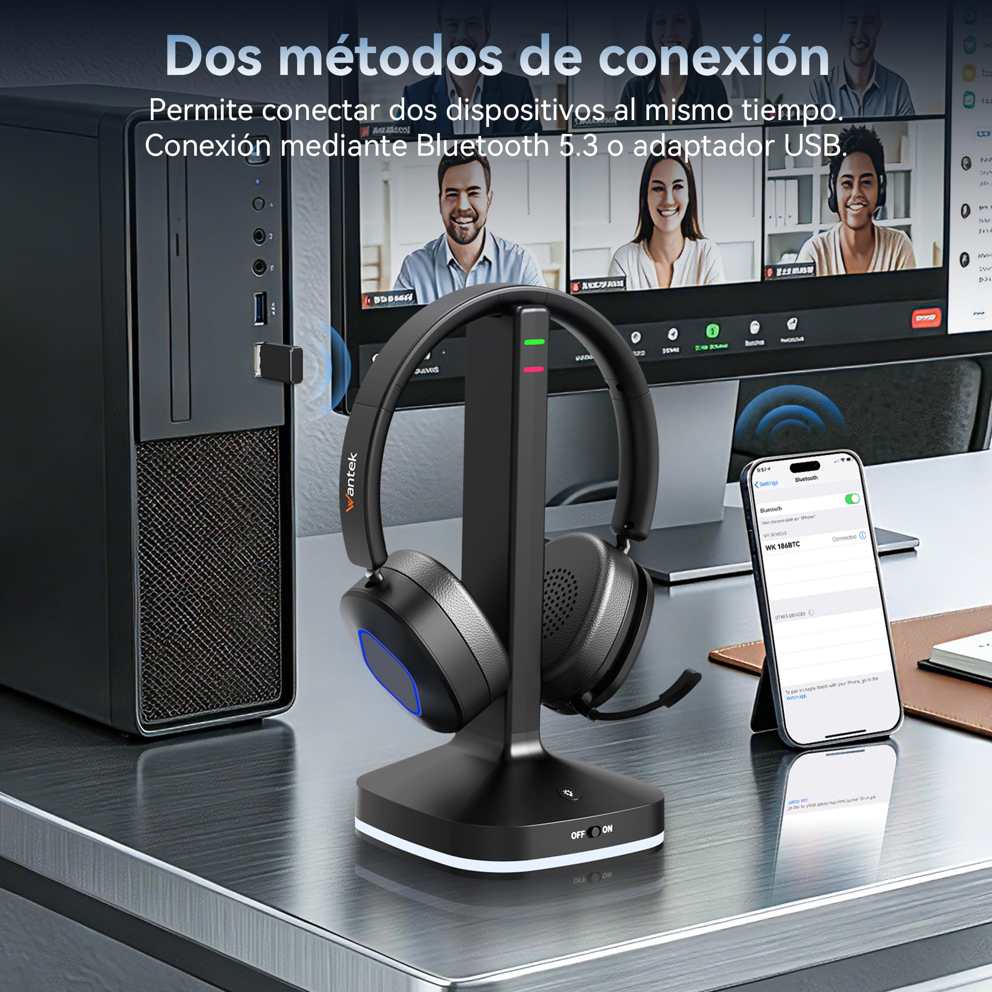 Wantek Auriculares Bluetooth con Micrófono, Base de Carga y Dongle USB, Bluetooth 6.0, Cancelación de Ruido, Conexión Dual, 50 Horas, para PC, Portátil, Móvil, Teams, Zoom y Oficina