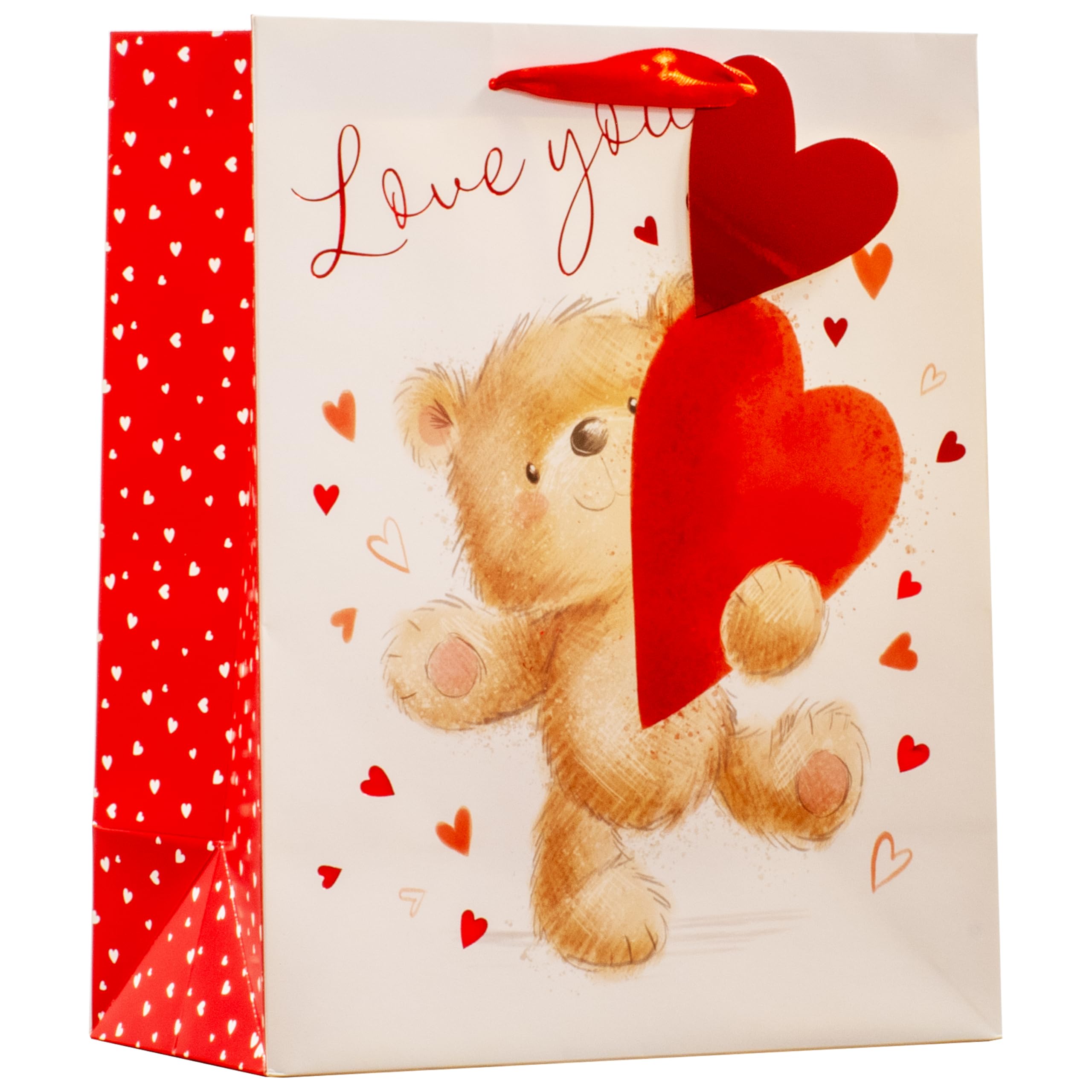 Design By Violet Love You Bear Valentine’s Large Gift Bag – Cute Teddy Bear Heart Design with Ribbon Handle, Romantic Valentine’s Day Gift Bag for Presents