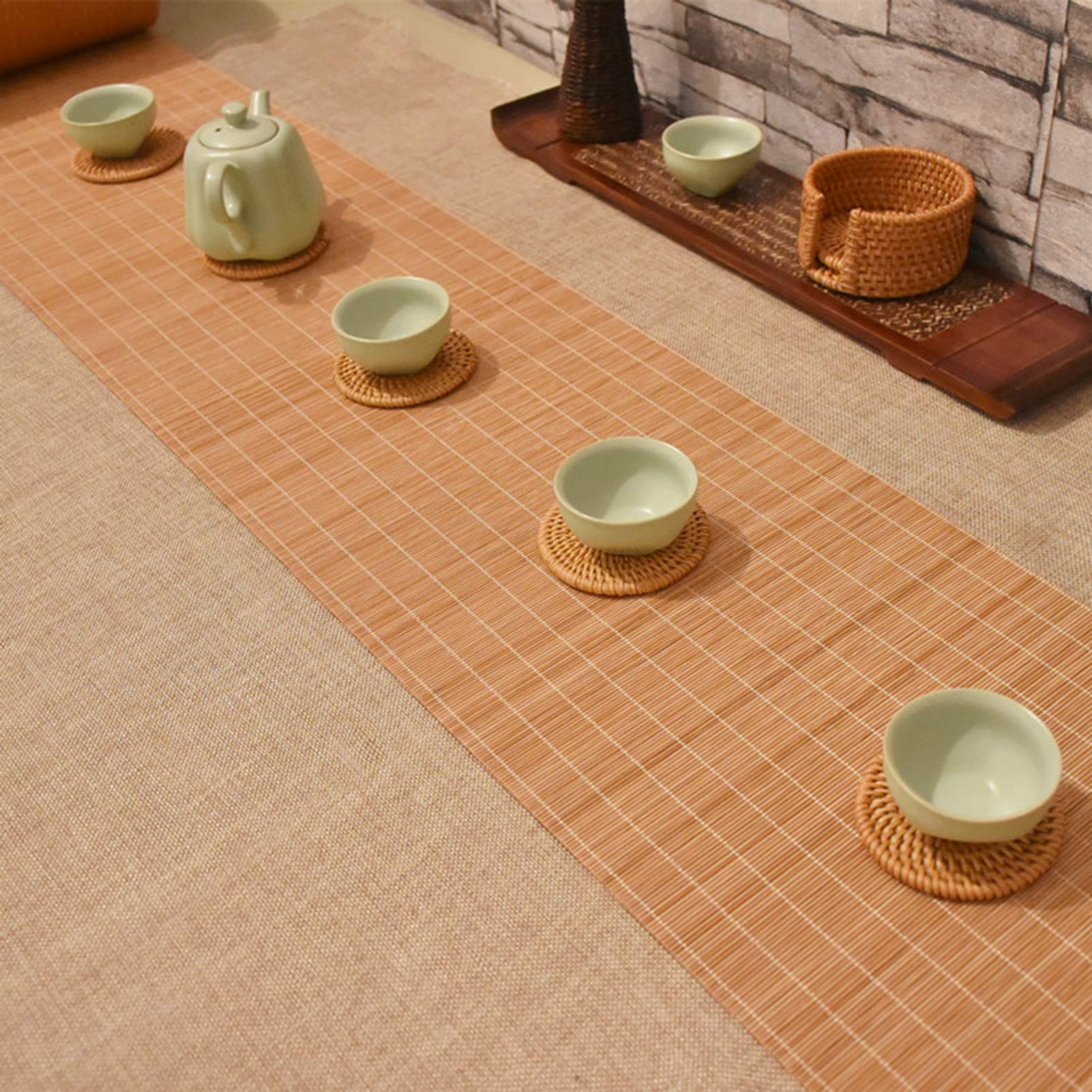 Camino de Mesa de bambú de Estilo japonés, Mantel Tejido a Mano, manteles Individuales Antideslizantes para Mesa de café de Cocina casera, Color Madera Natural (tamaño: 40 × 120 cm)
